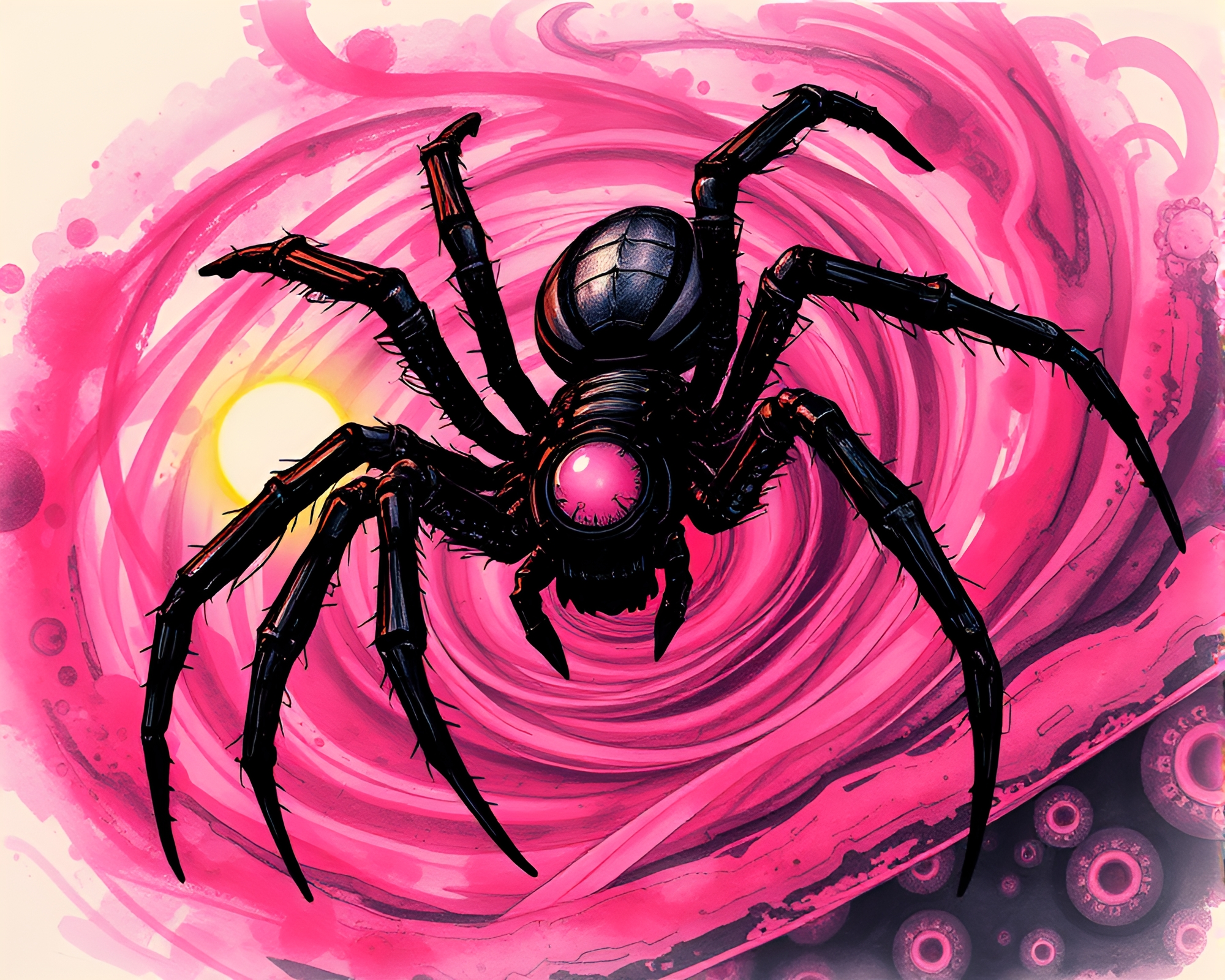 Mechanical spider emerges from swirling vortex at sunrise – free AI stock image