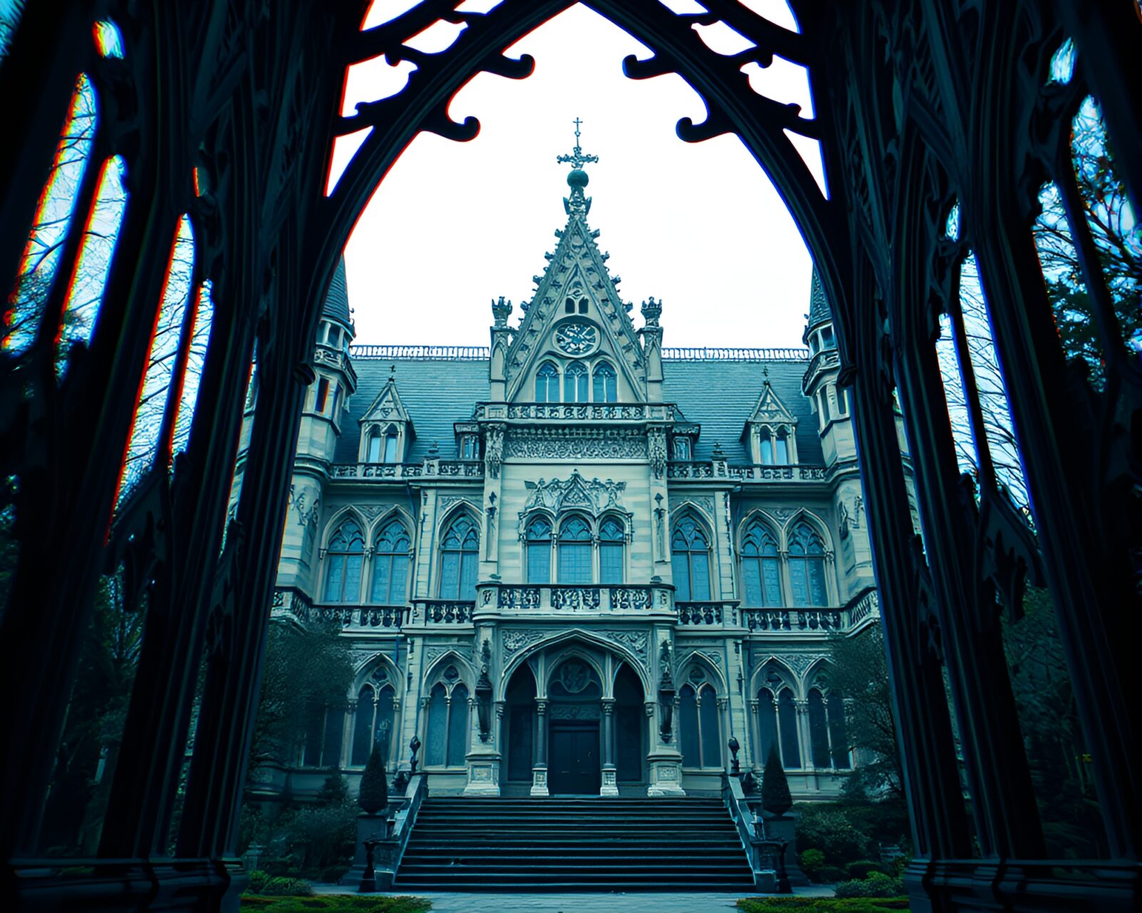 Glowing Neo-Gothic mansion in glitchy ambiance, framed architecturally