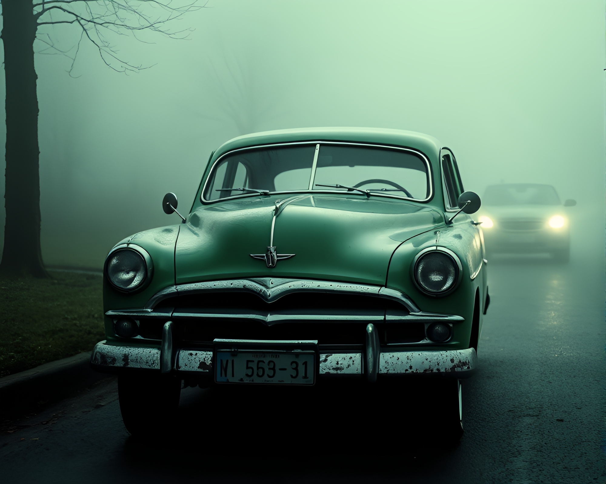 Vintage Car Emerging from Monochrome Green Fog Banks – free AI stock image