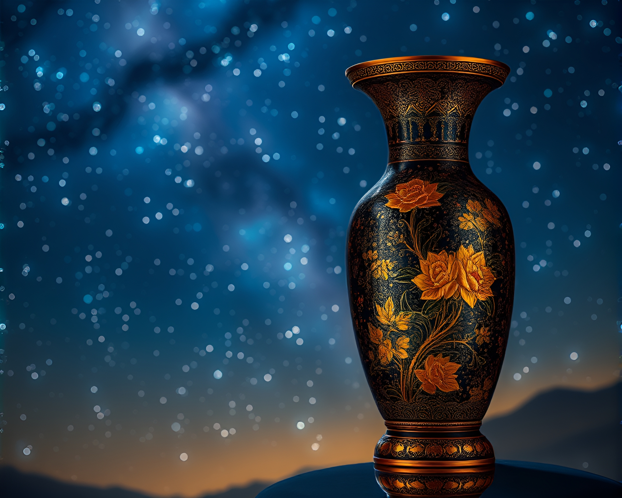 Glowing Cloisonné Vase Under Starlit Sky – free AI stock image