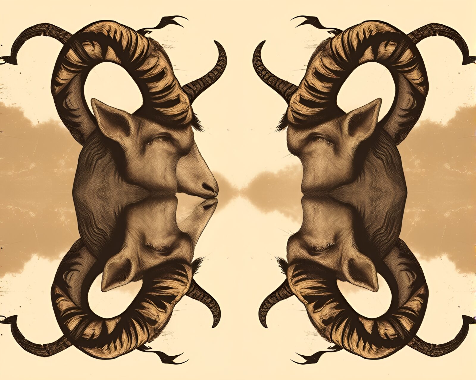 Sepia-toned symmetrical satyr in technical illustration style.