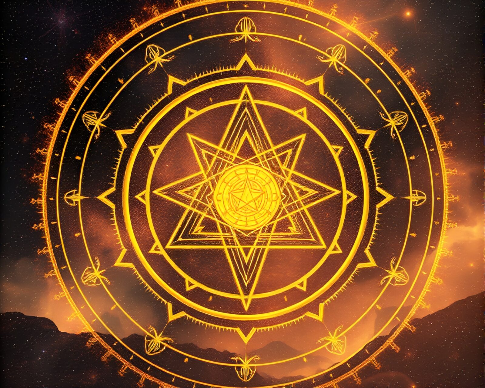 Abstract synthwave style art with glowing esoteric symbol in dust