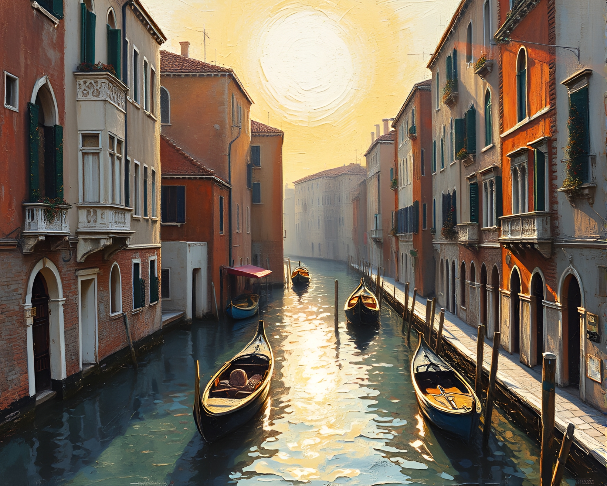 Venetian Canal Sun Glare: Impasto Art – free AI stock image