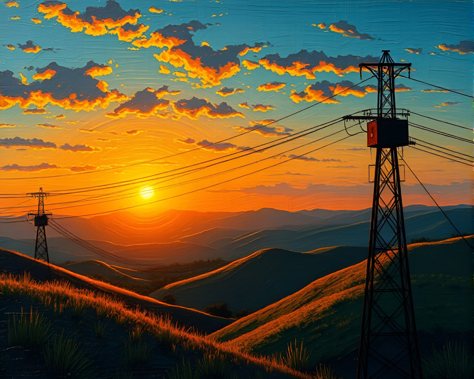 Impasto oil painting of Morse code telegraph at sunset