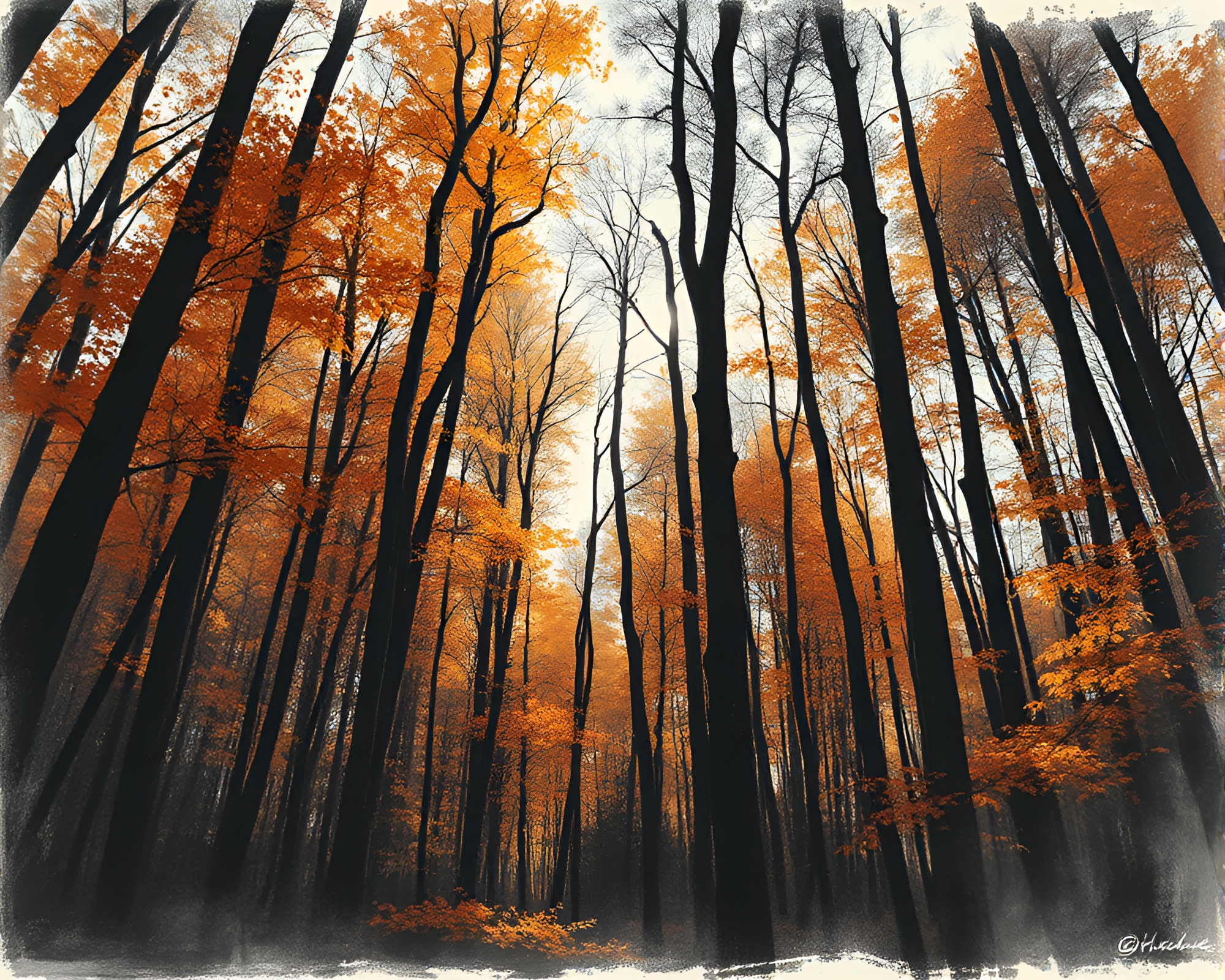 Autumn Forest Charcoal Sketch with Glossy Highlights – free AI stock image