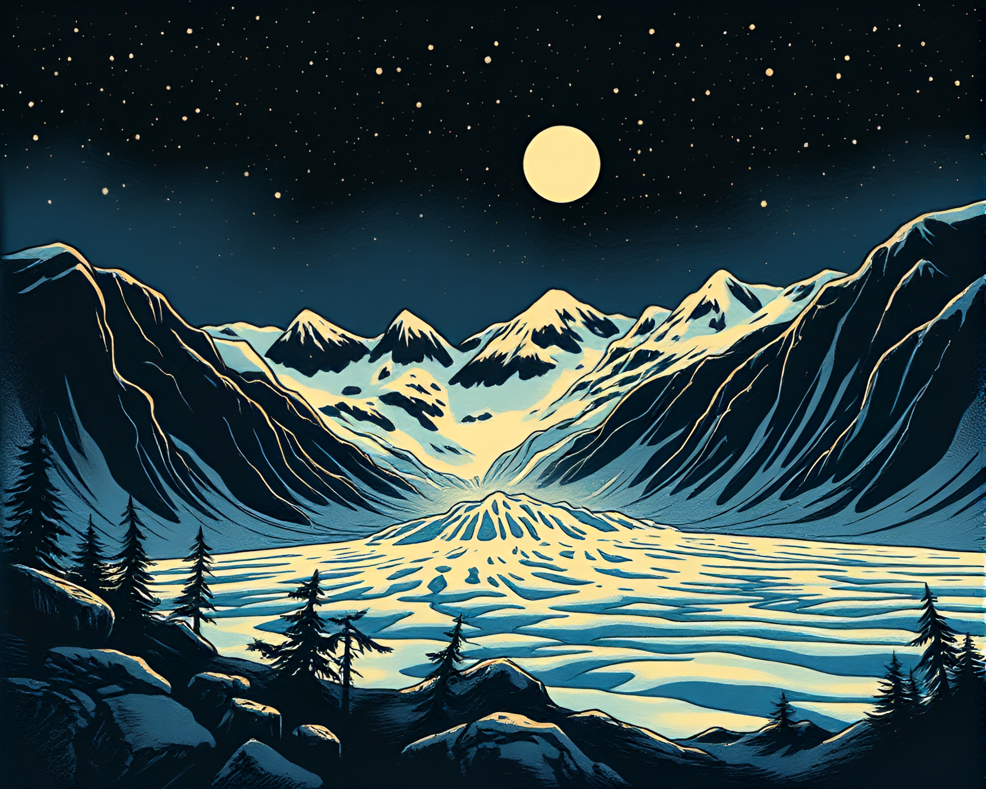 Glacier Cartoon Scene with Woodblock Print Marks – free AI stock image