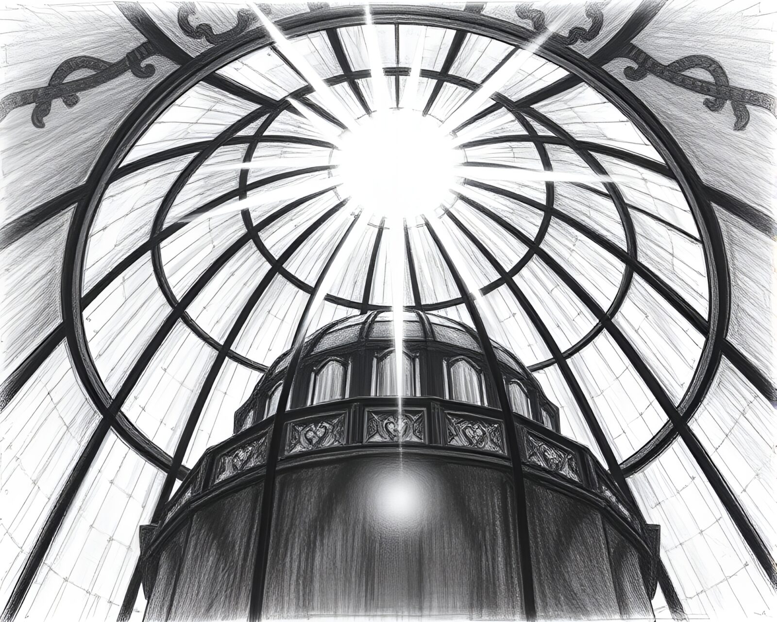 Sun glares illuminating intricate pencil sketch stained glass dome
