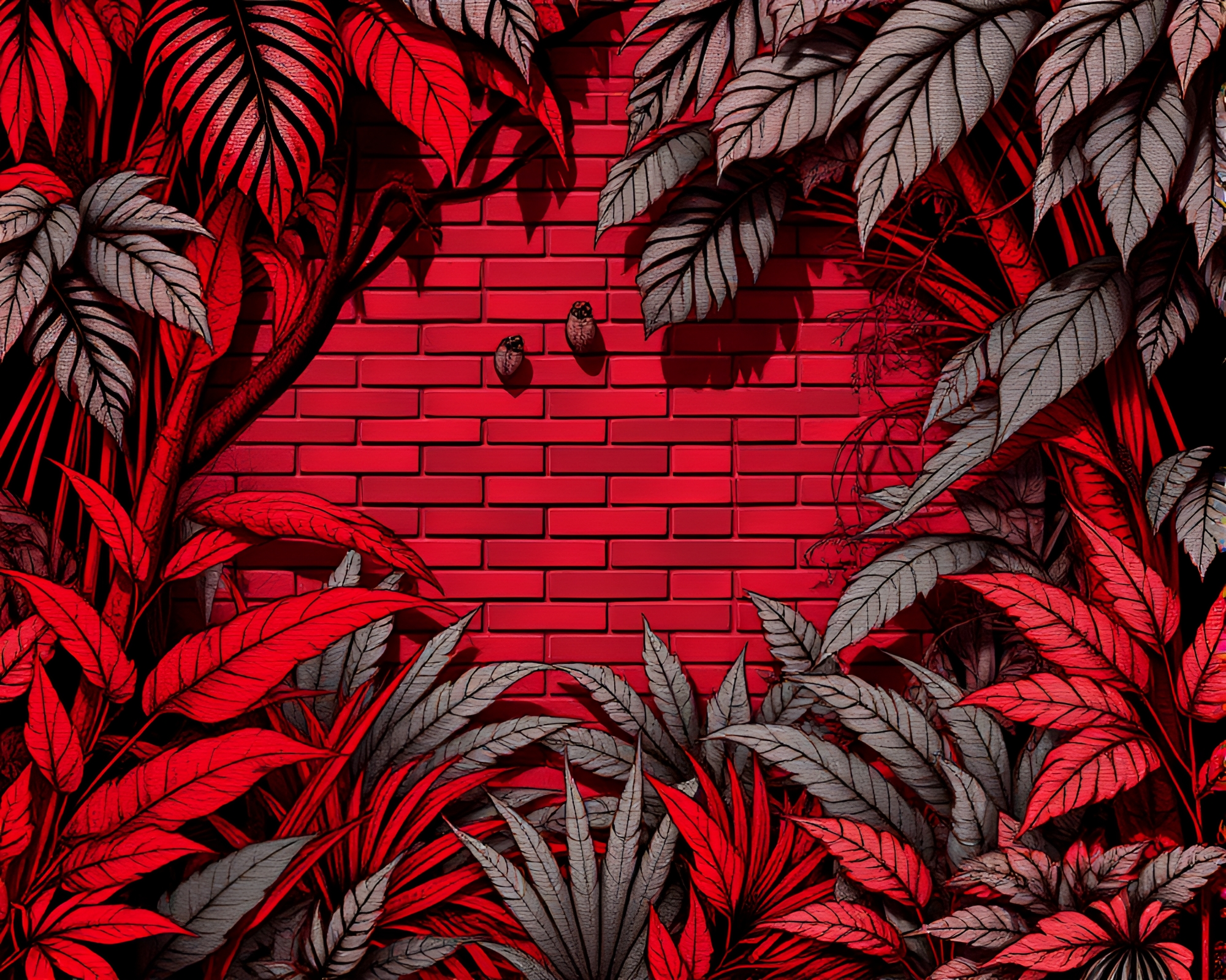 Lush Jungle Grid: Red Shadows and Hatching Details – free AI stock image