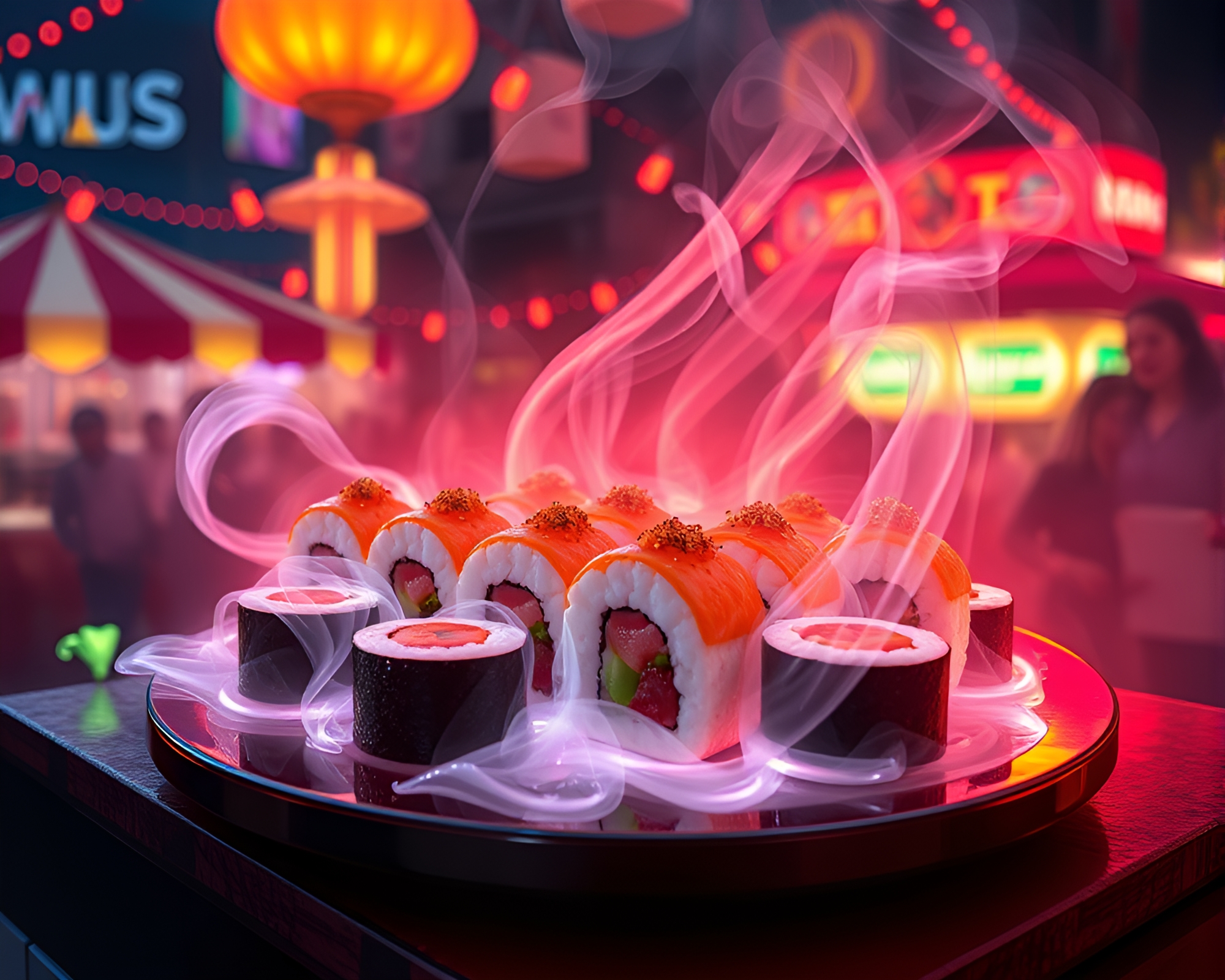 Futuristic Sushi Carnival: Smoke Rings Illuminate the Platter – free AI stock image
