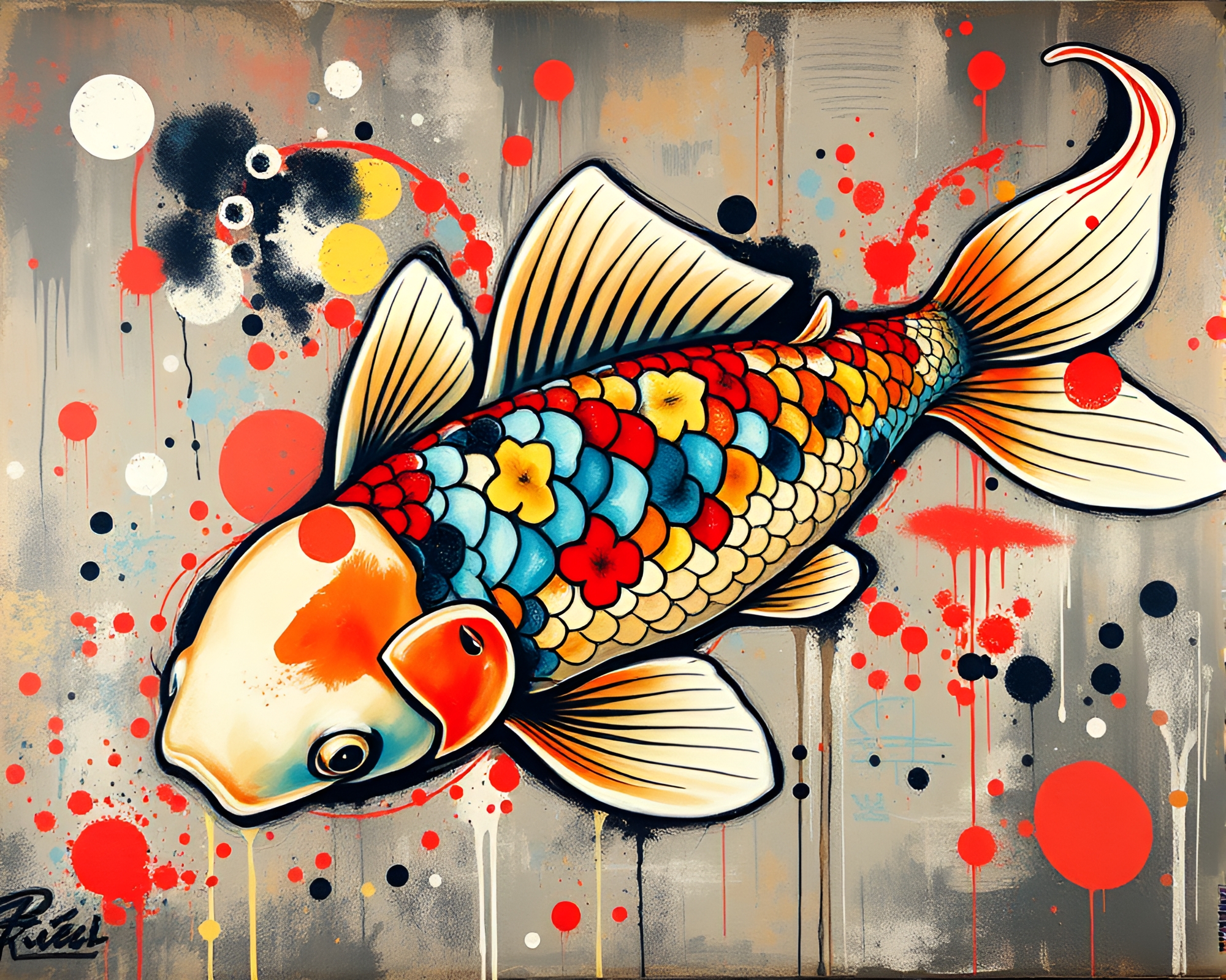 Tenebrism Koi Pond with Pastel Graffiti Accents – free AI stock image