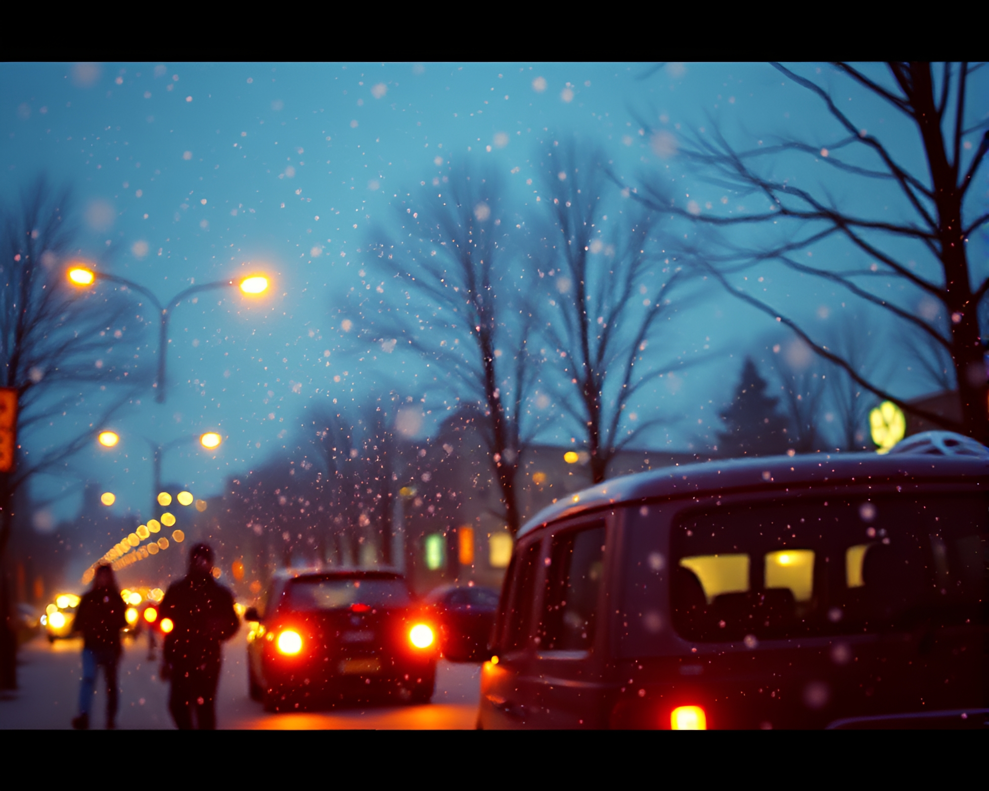 Enchanting Snowflakes: Rickshaw Ride in 80s Glow – free AI stock image