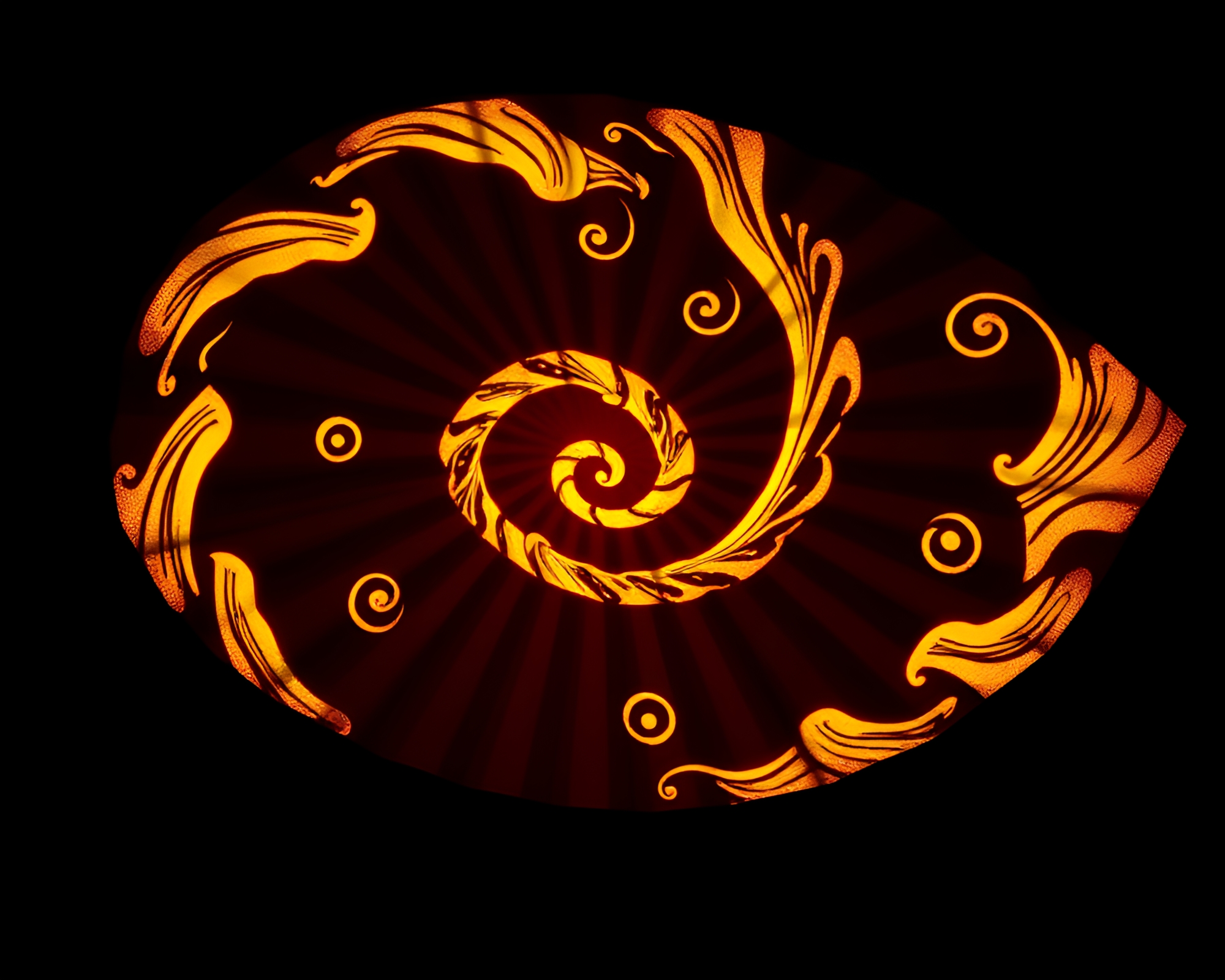 Glow-in-the-Dark Hand-Painted Golden Spiral Fan Art – free AI stock image