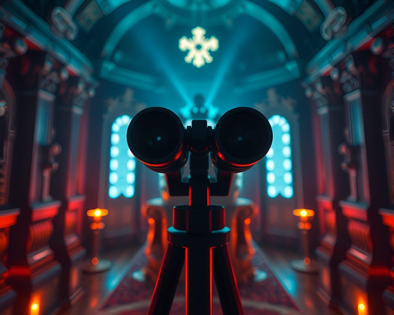 Majestic throne room with binoculars under glowing light leaks
