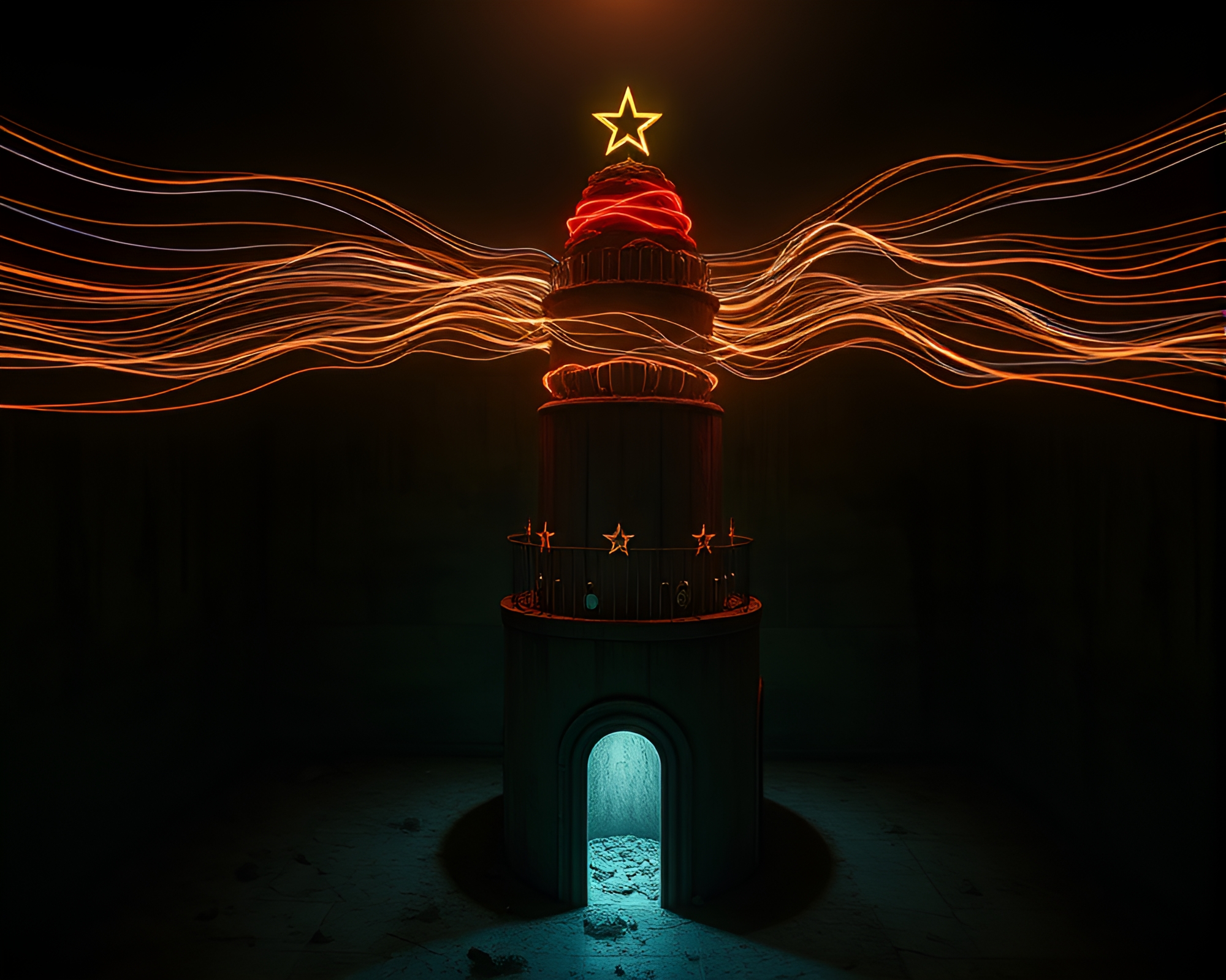 Gloomy Cupcake Tower Surrounded by Star Trails in Basement – free AI stock image