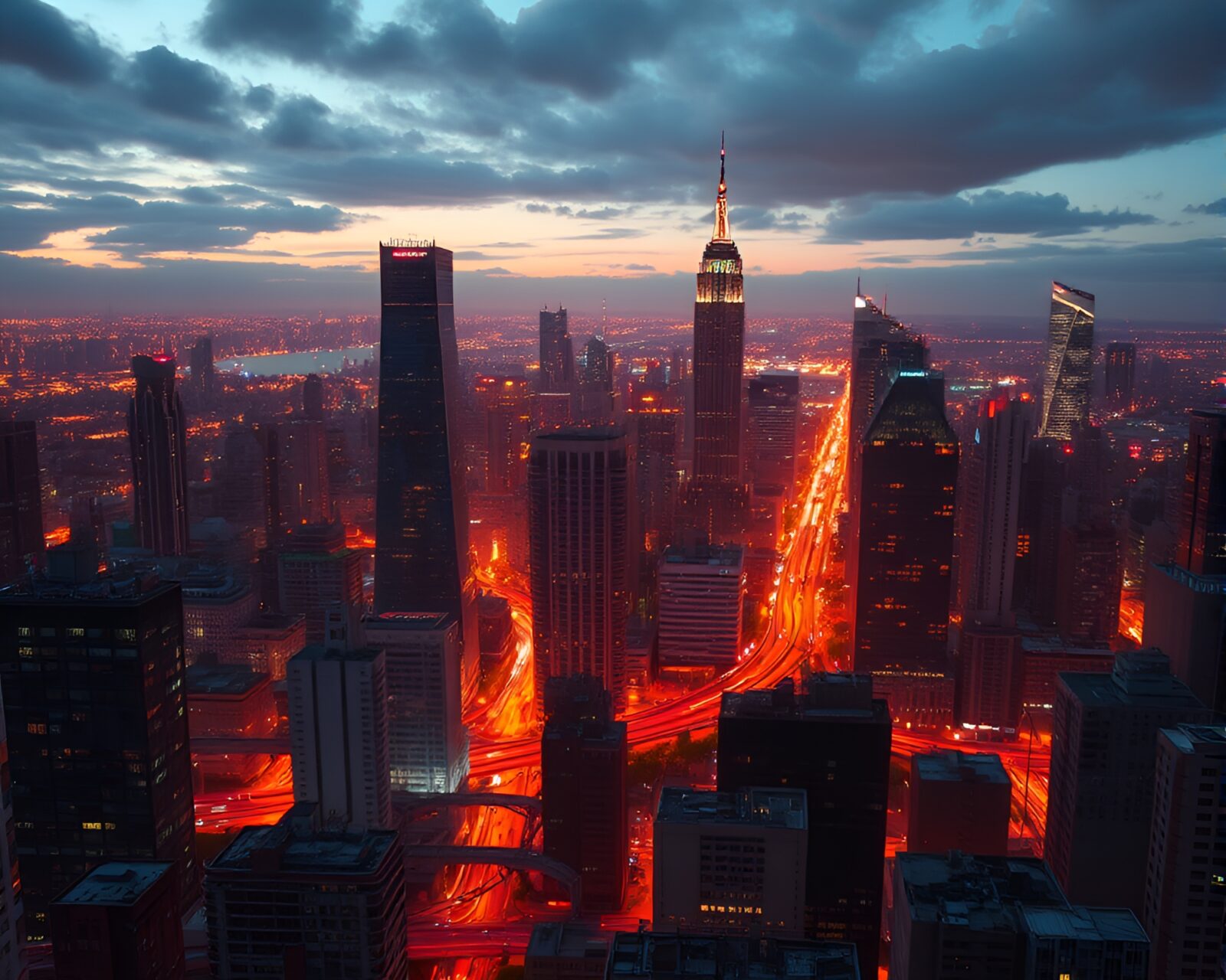 Futuristic cityscape with rusted patina under neon lights