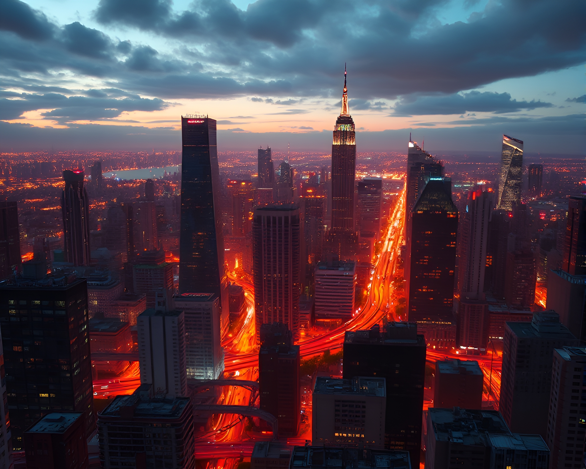 Rust Patina Virtual Cityscape Illuminated in Fluorescent Glow – free AI stock image