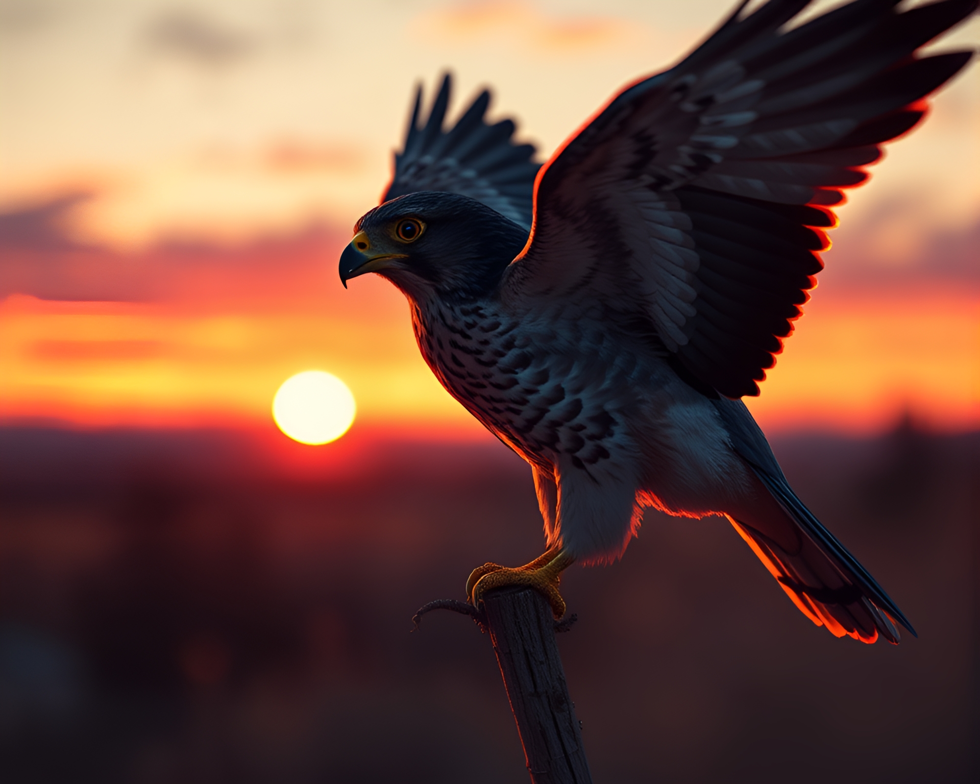 Falcon Silhouetted against Pixelated Sunset Horizon – free AI stock image