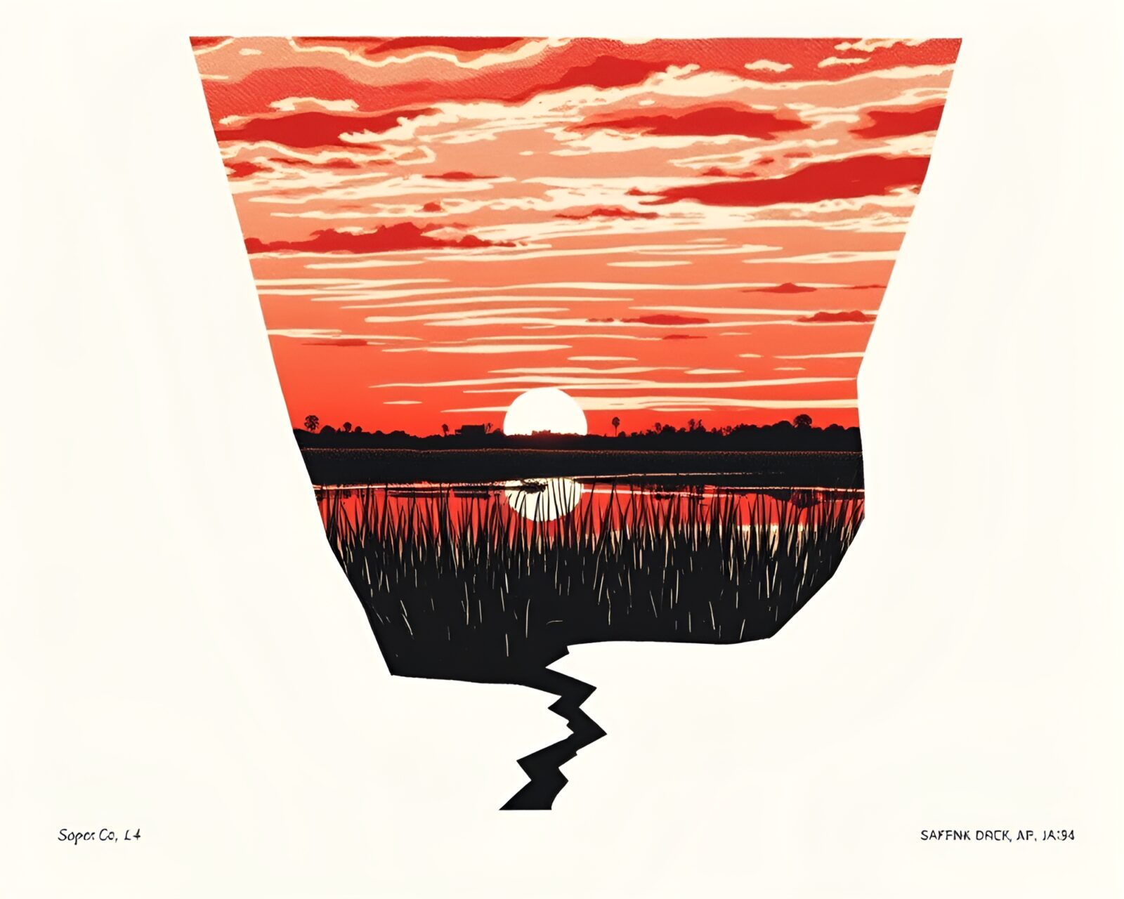 Linocut print of a sunset over savannah grass with ice reflections