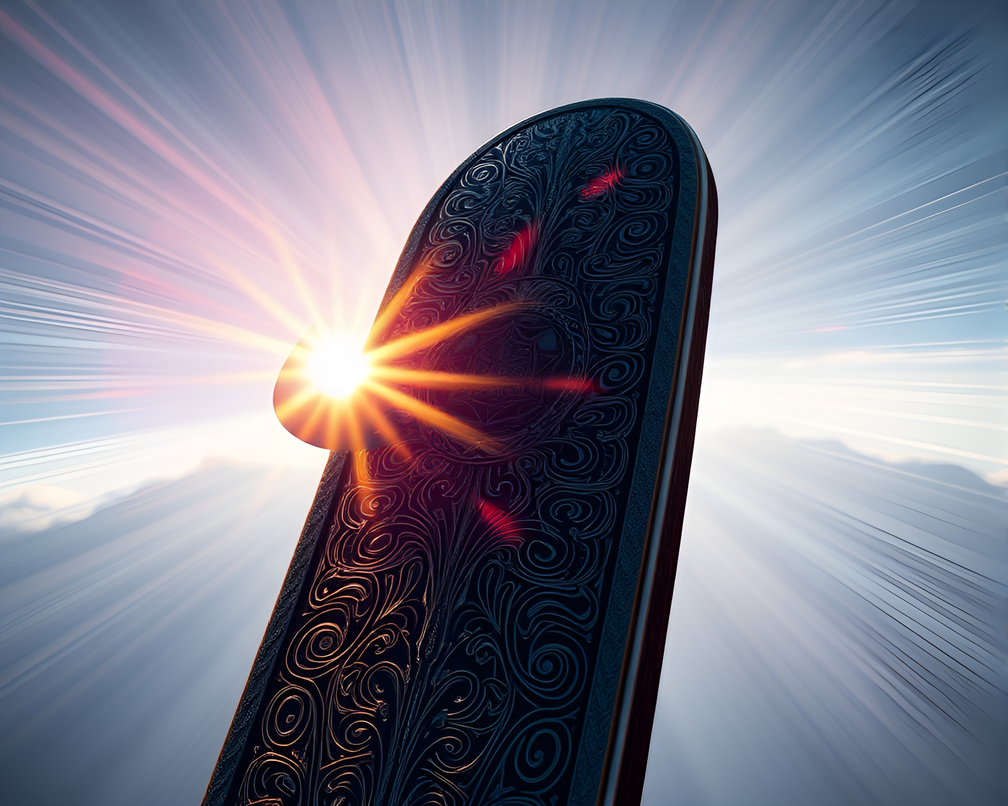 Futuristic Hoverboard Journey through Engraved Sunbeam Archway – free AI stock image