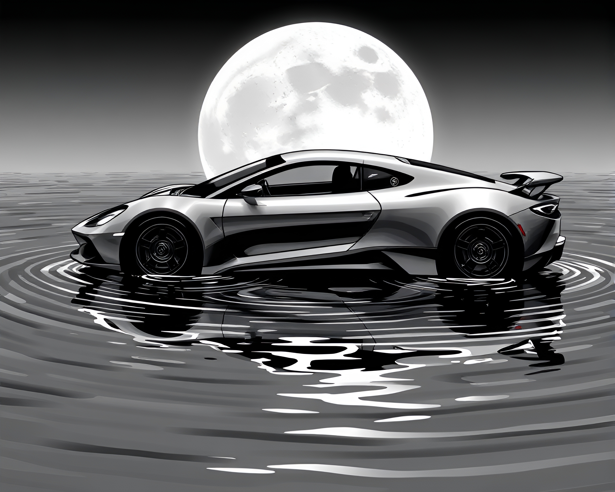 Hover Car Reflecting on Lunar Water Ripples – free AI stock image