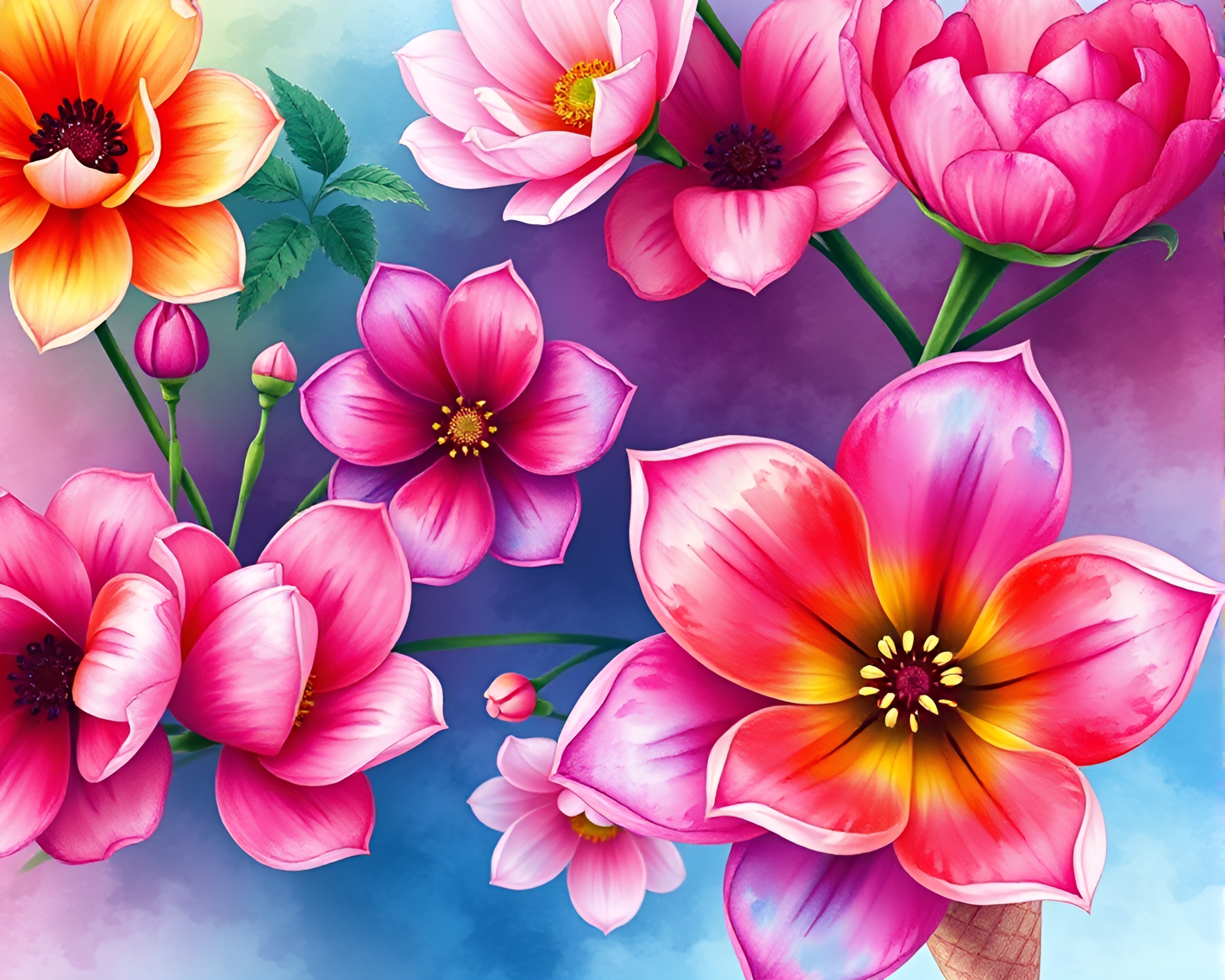 Vibrant Gelato Cone in Neon Watercolor Blooms – free AI stock image