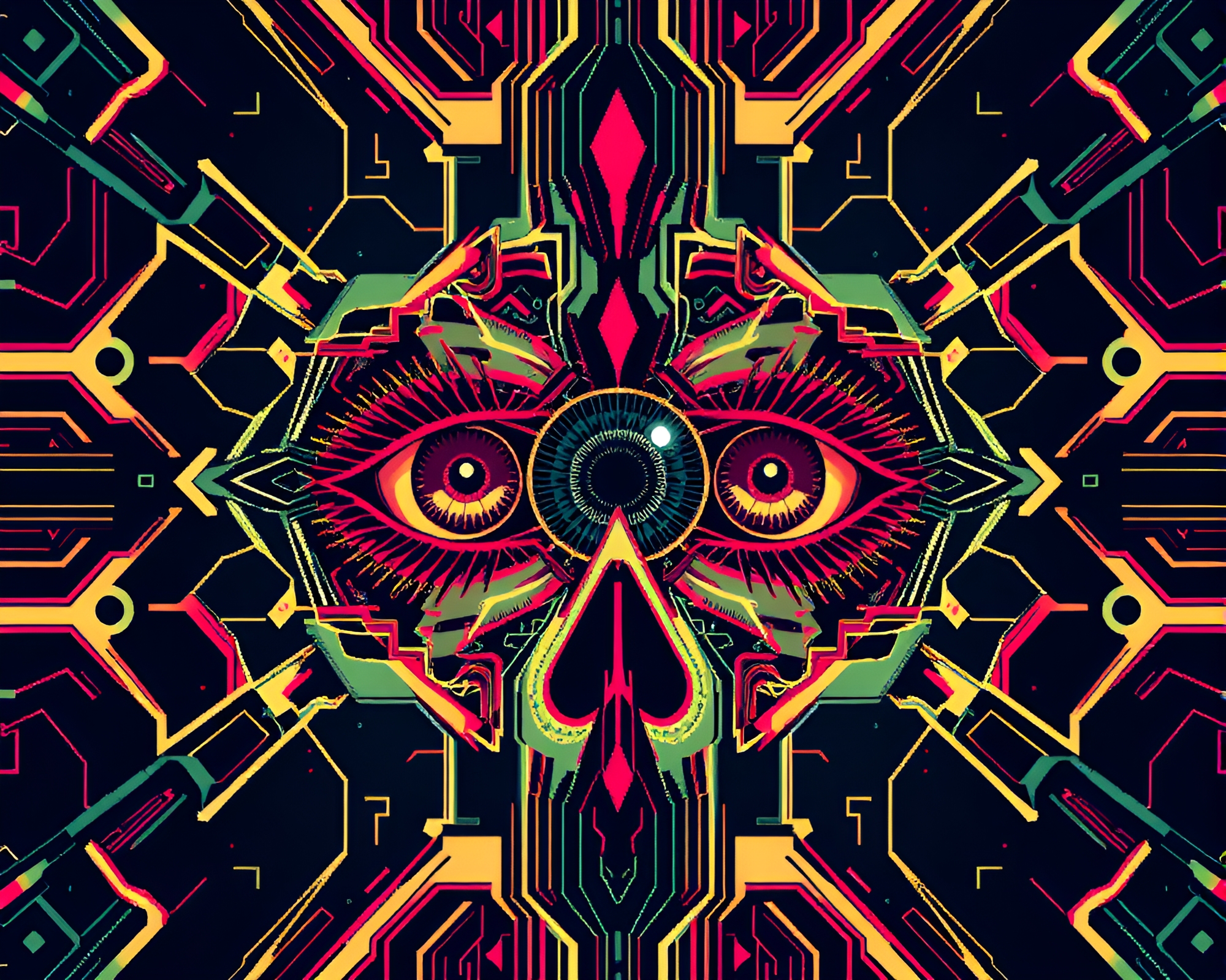 Symmetrical Cybernetic Eye in Necromantic 8-Bit Style – free AI stock image