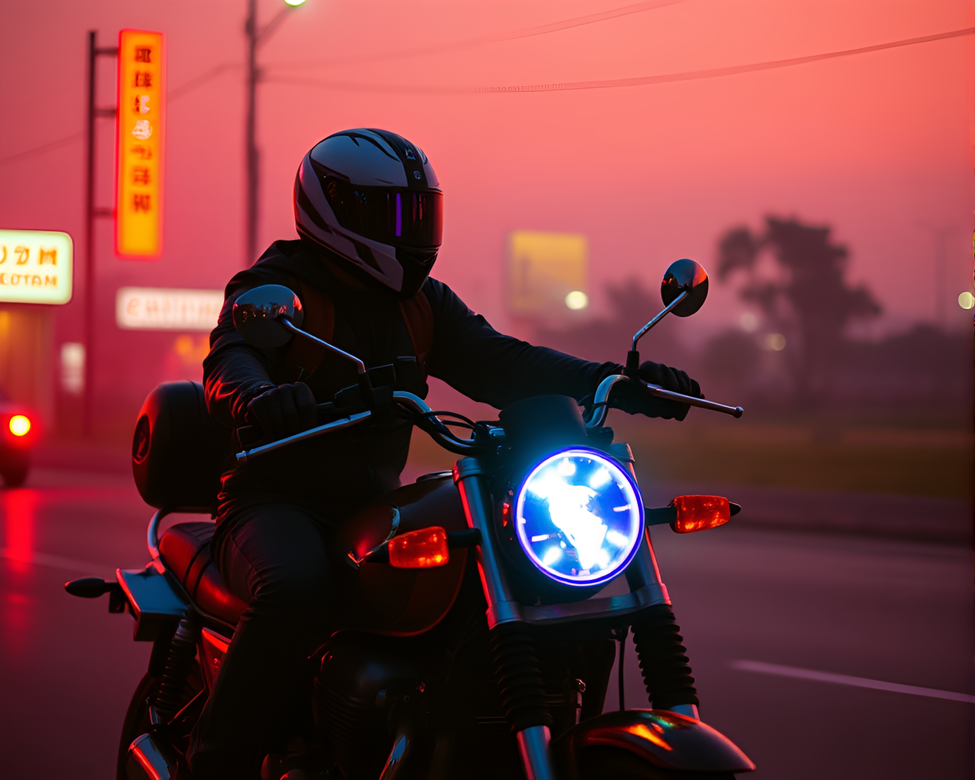 Neon Motorcycle in Digital Twilight Haze – free AI stock image
