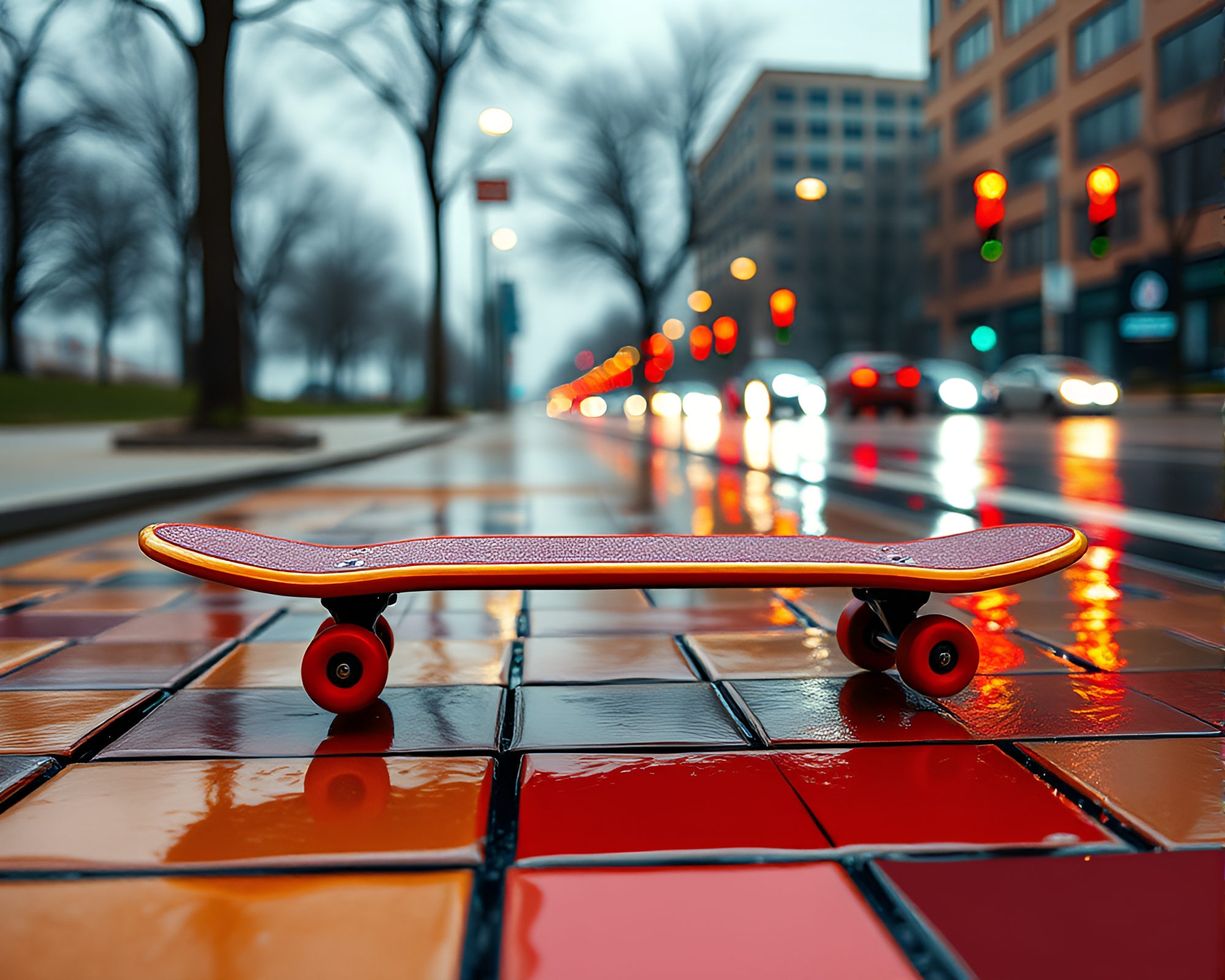 Cubist Skateboarding in Jewel-Toned Cityscape – free AI stock image