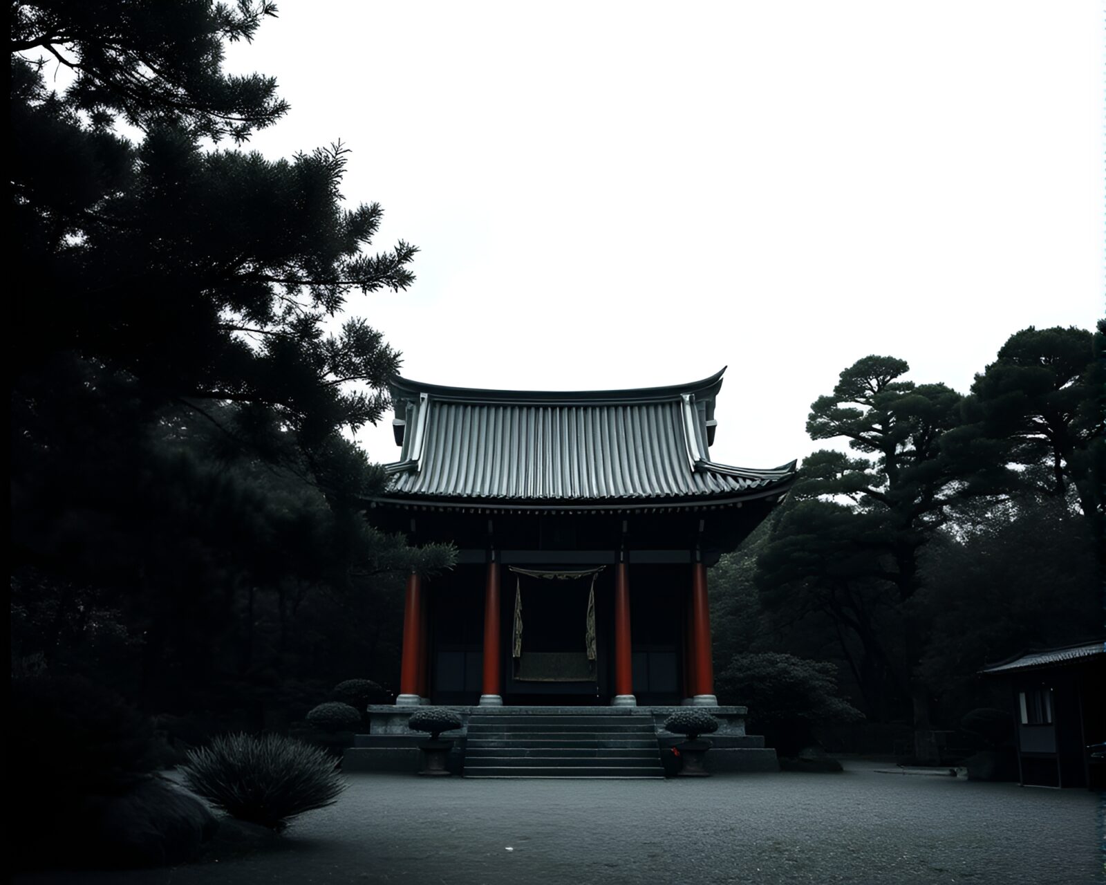 Dark and dramatic origami temple framed by natural elements