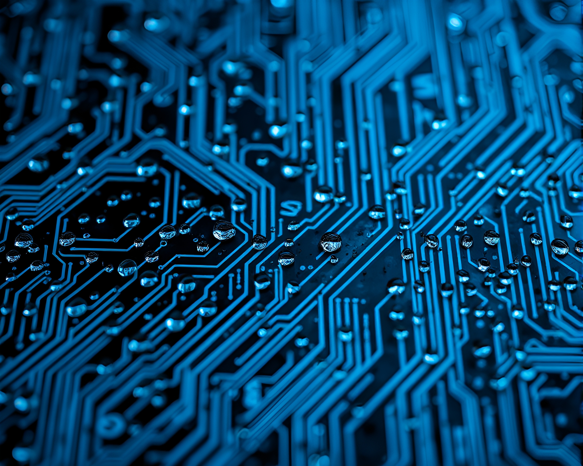 Rainy Circuit Board: Steel-Blue Duochrome – free AI stock image