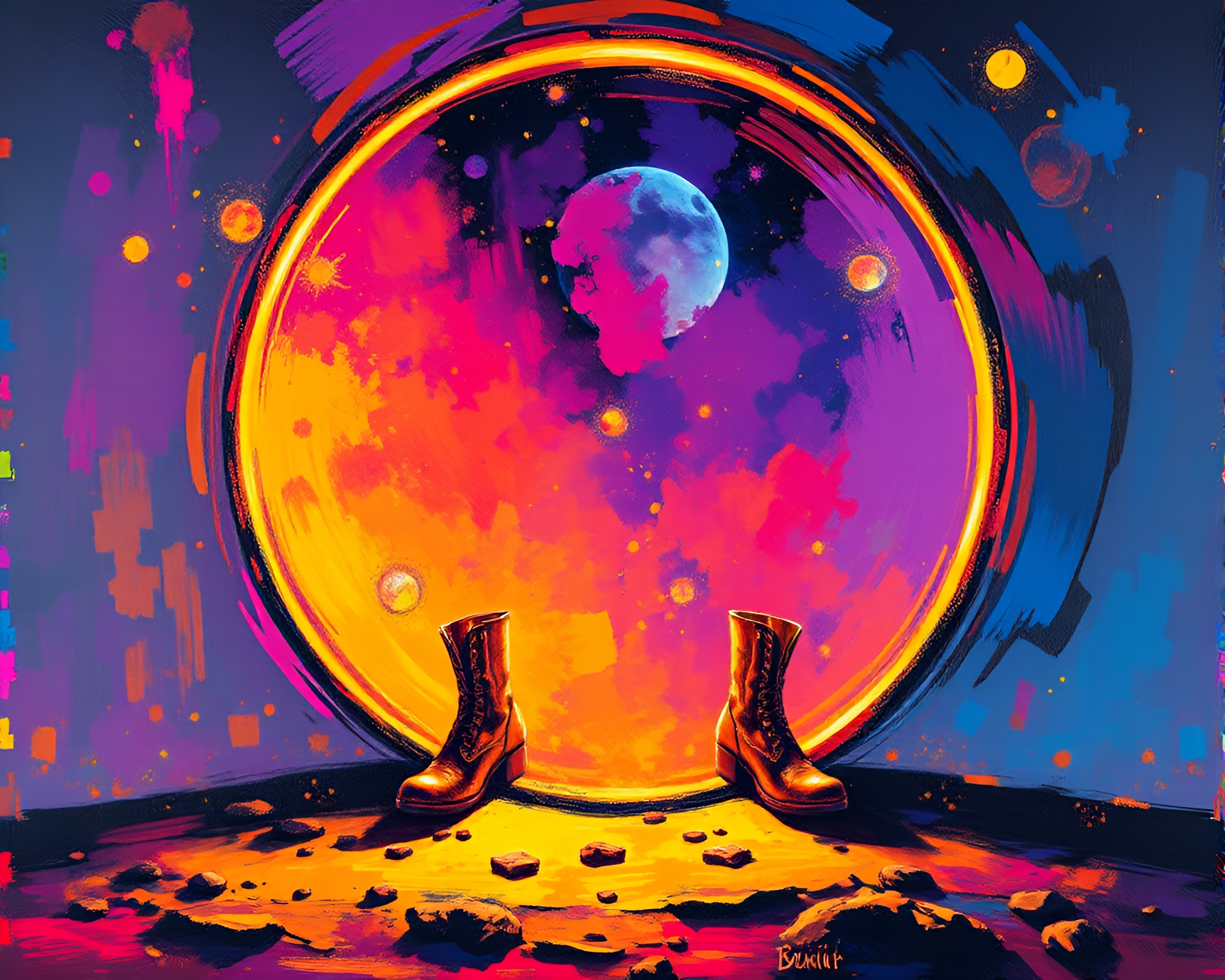Surreal Gravity Boots in Ultraviolet Palette Knife Painting – free AI stock image