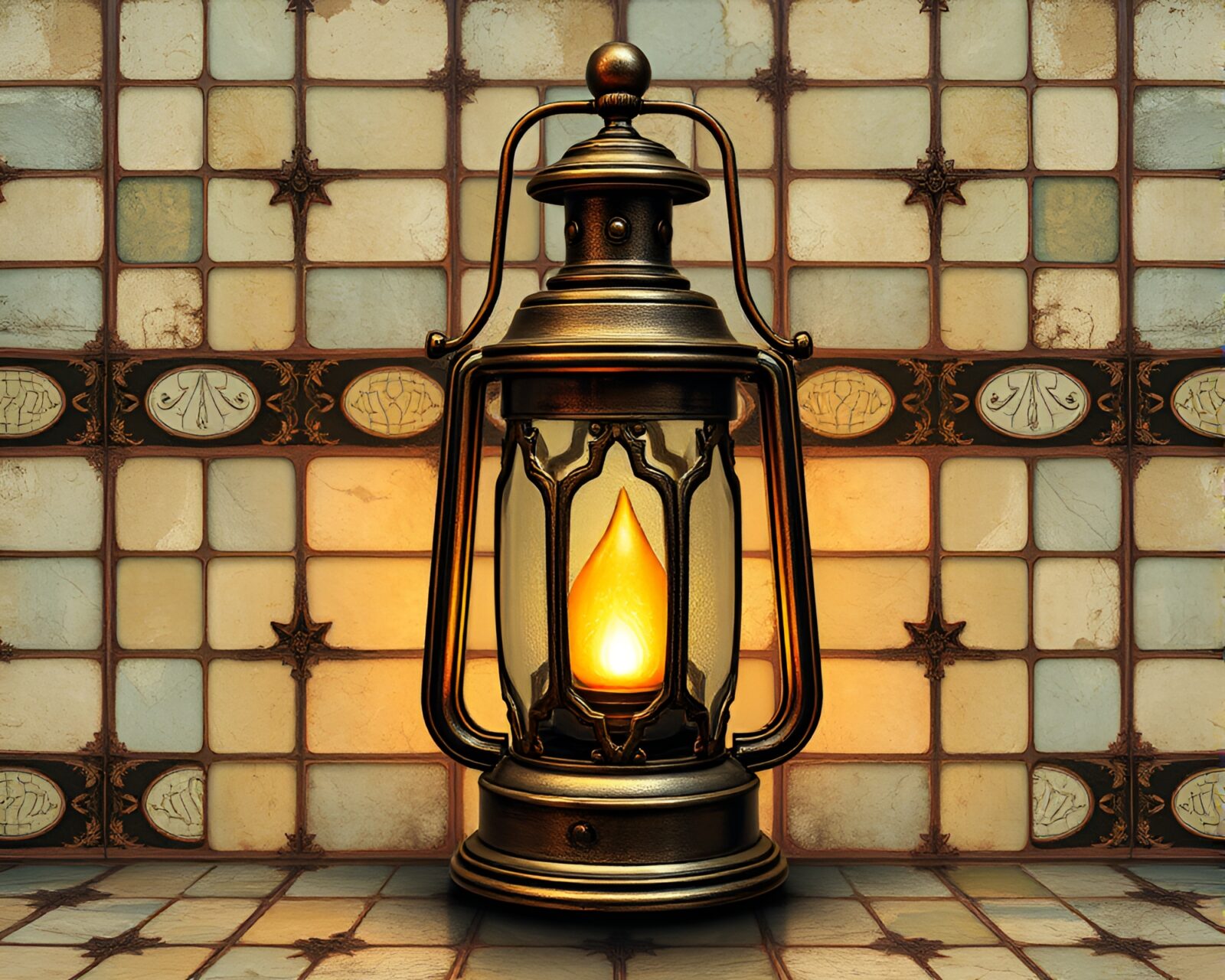Steampunk illustration of an antique sextant in lantern light