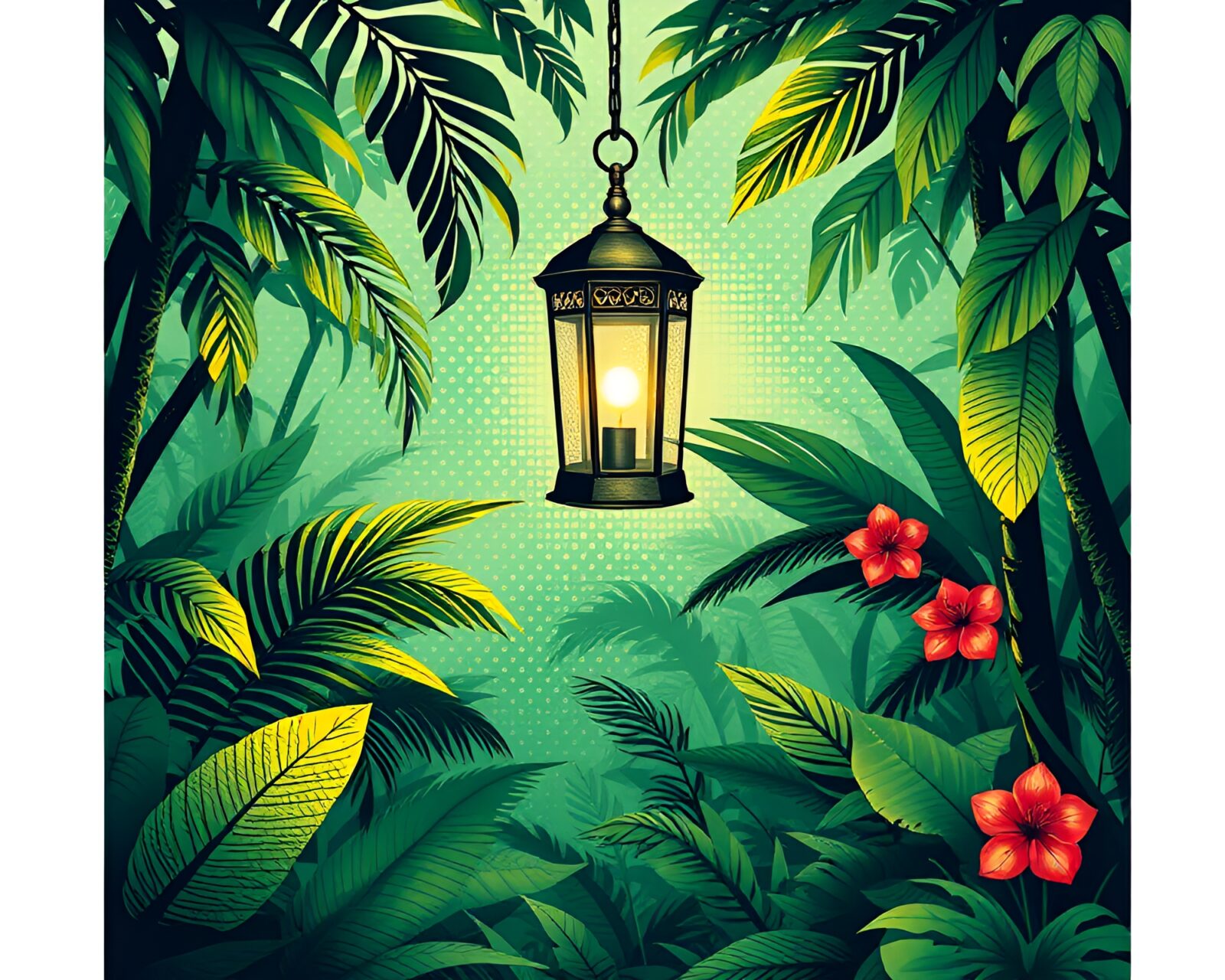 Oil lantern casting shadows in dense jungle foliage