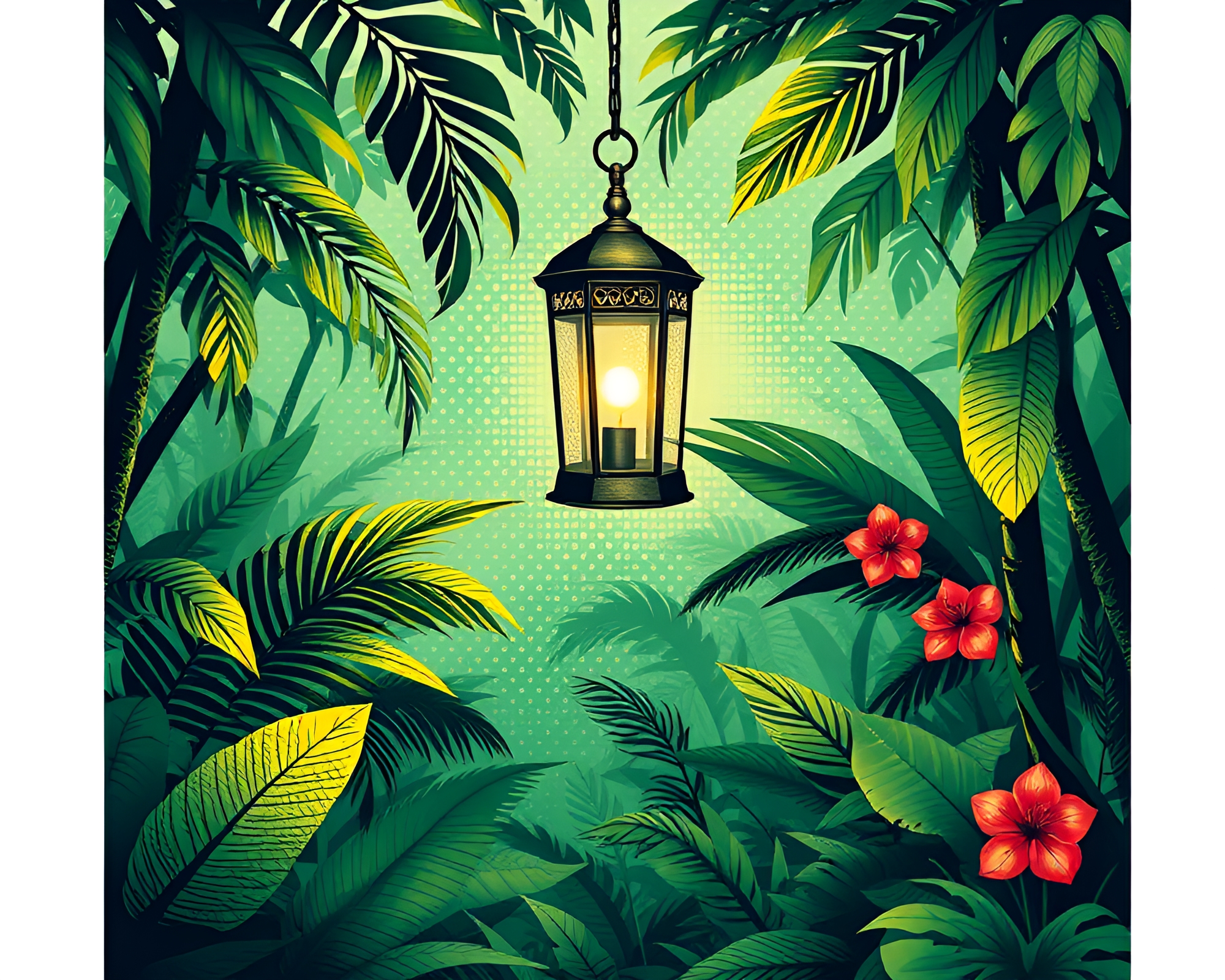 Botanical lantern illuminates jungle halftone grid – free AI stock image