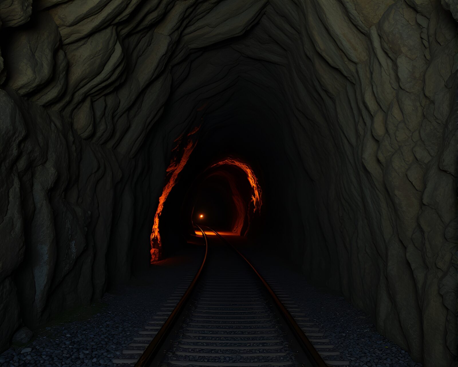 Eerie egg tempera imagery of time traveler train light trails entering dark cave