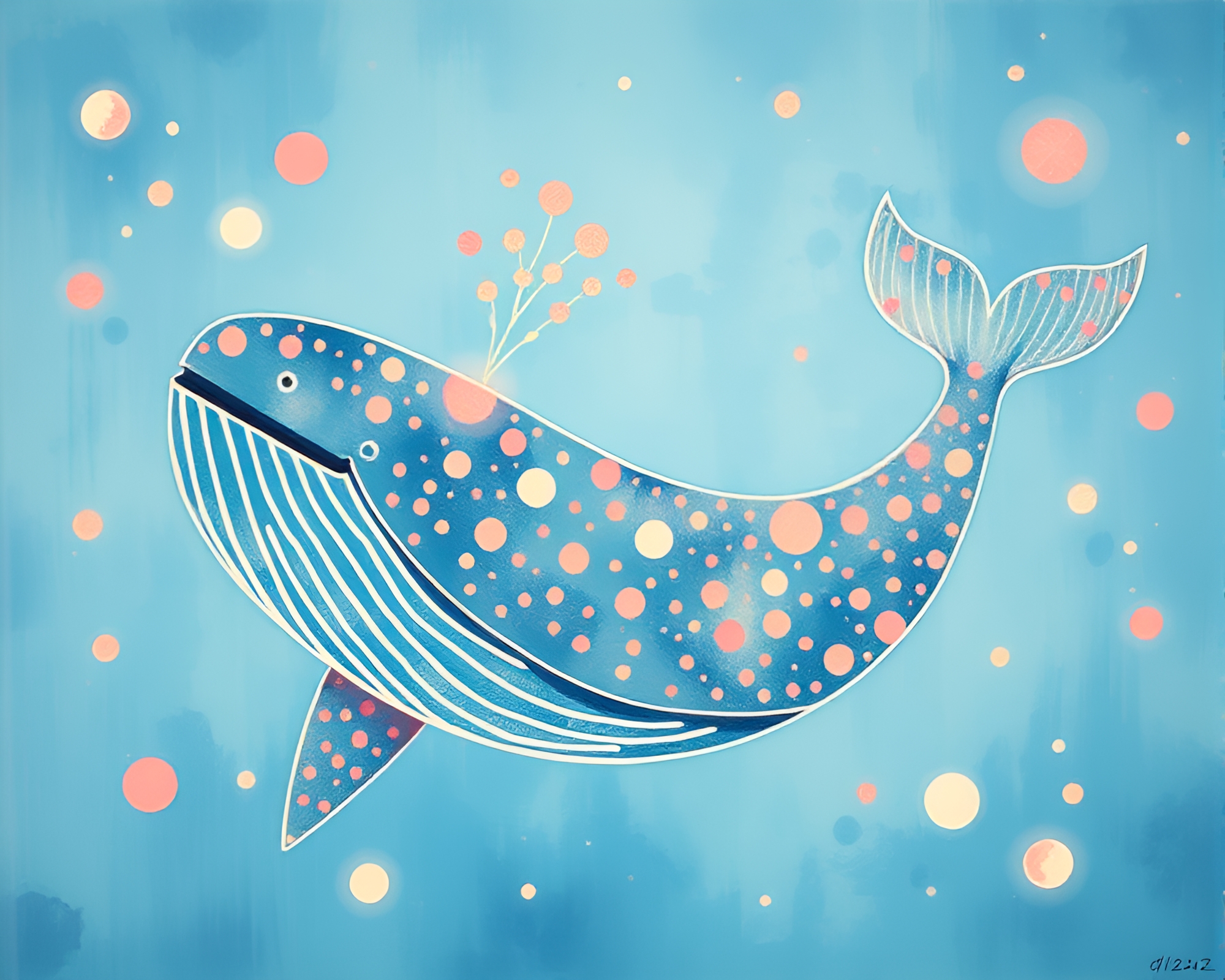 Whale swimming amidst screenprint dots in fresco painting – free AI stock image