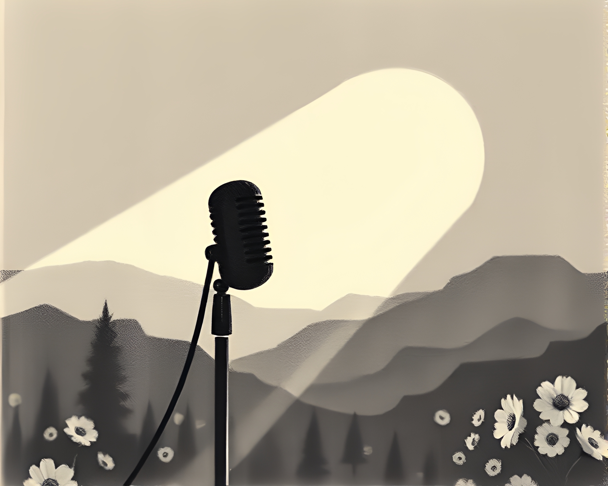 Digital Bloom: Microphone Shadow Play Landscape Etching – free AI stock image