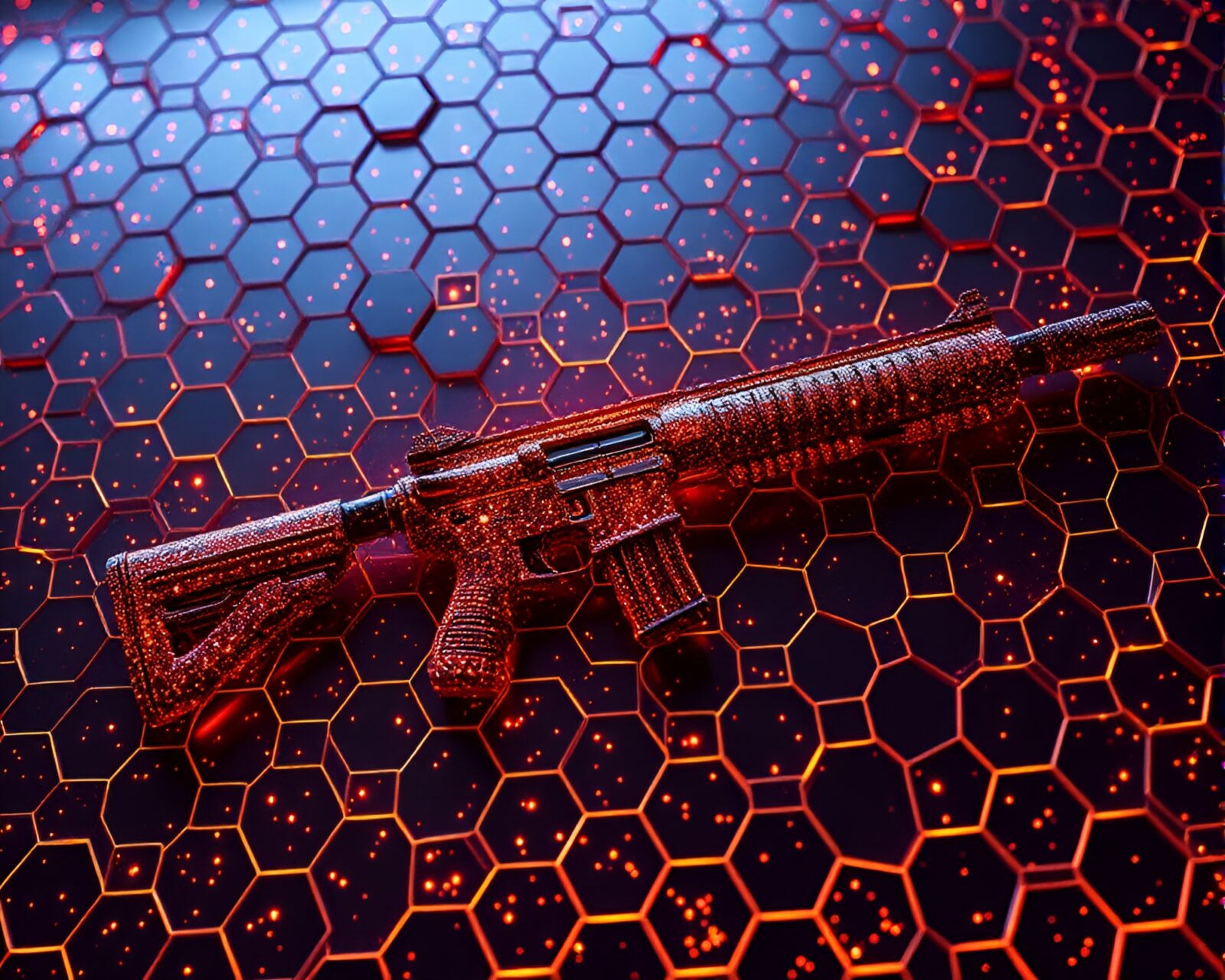 Glowing plasma rifle overlaid on hexagonal mosaic pattern