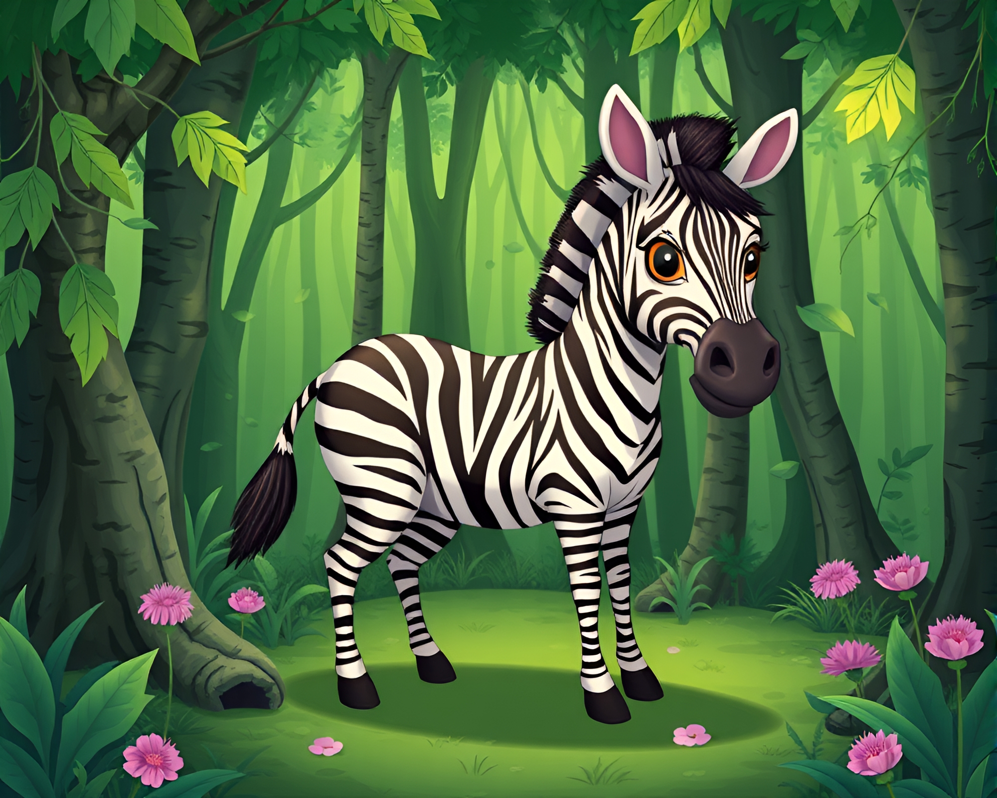 Enchanted Forest Zebra Wide Shot Cartoon – free AI stock image