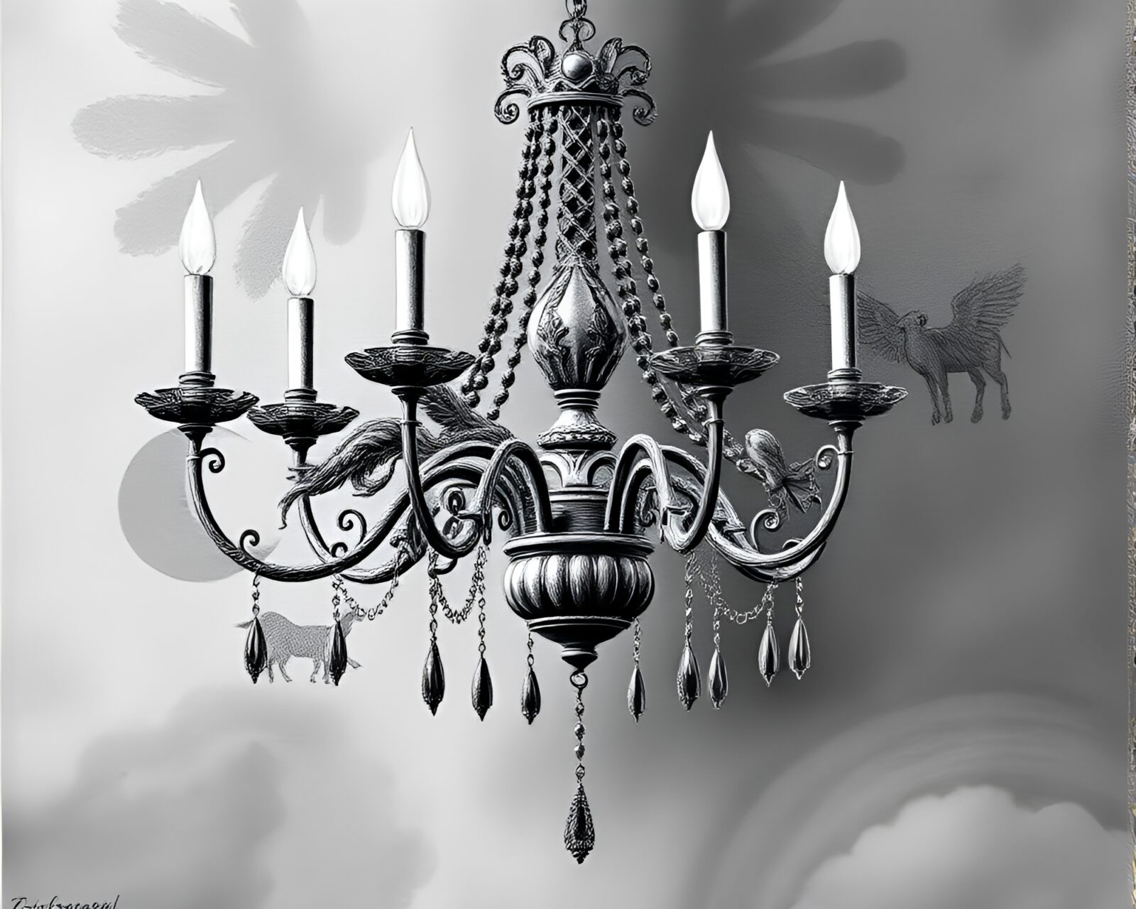 Gothic chandelier with intricately embroidered wildlife in aquatic hues