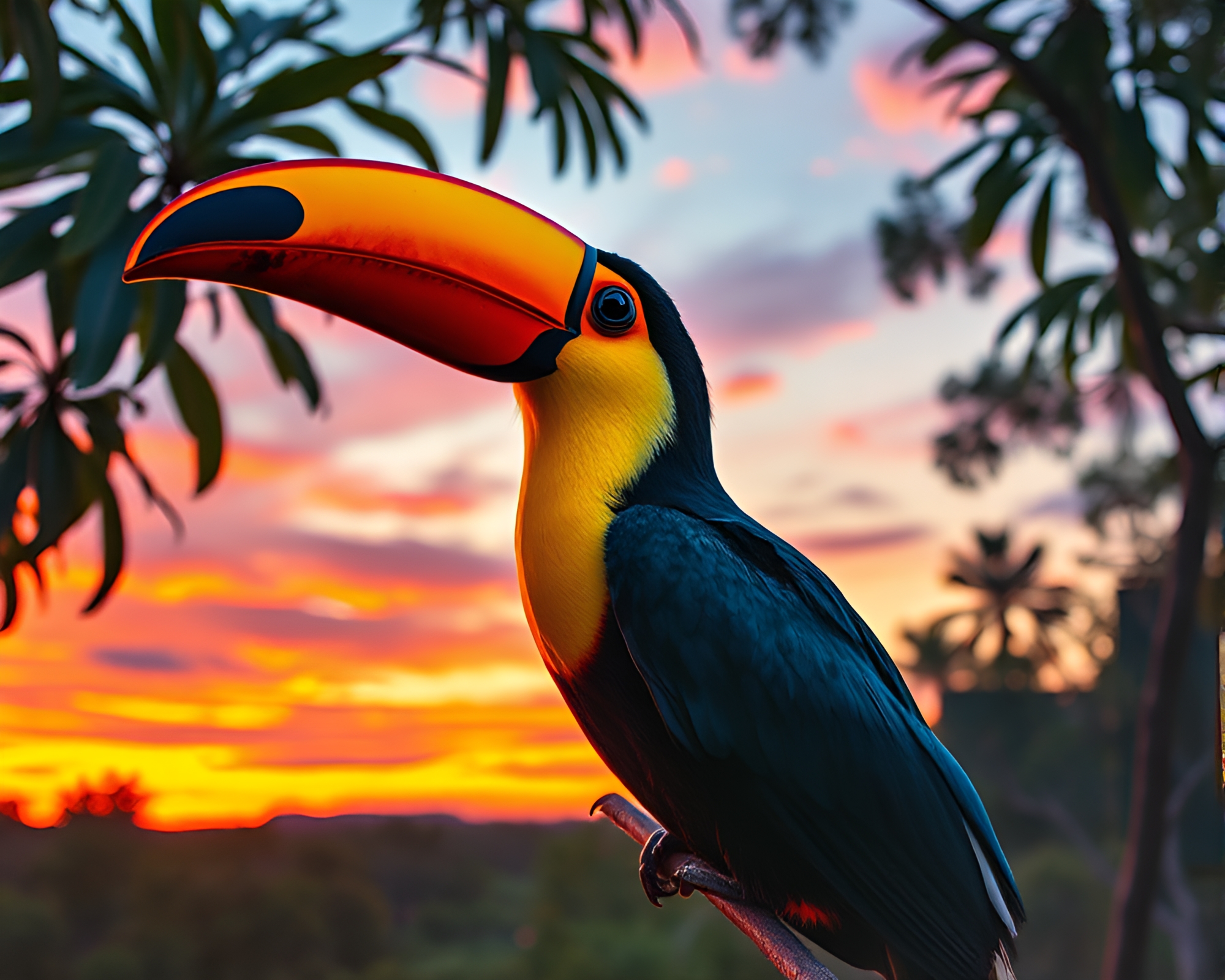 Vibrant Sunset with Toucan in Wide-Angle View – free AI stock image