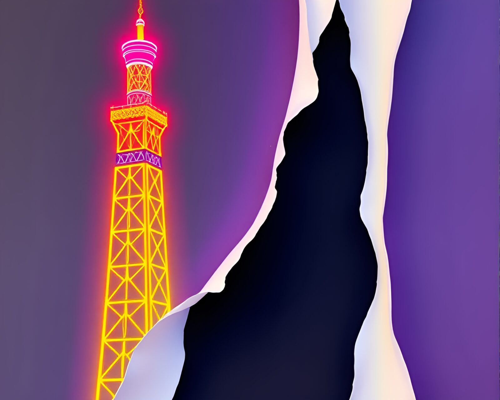 Abstract paper tears in neon colors surrounding tower