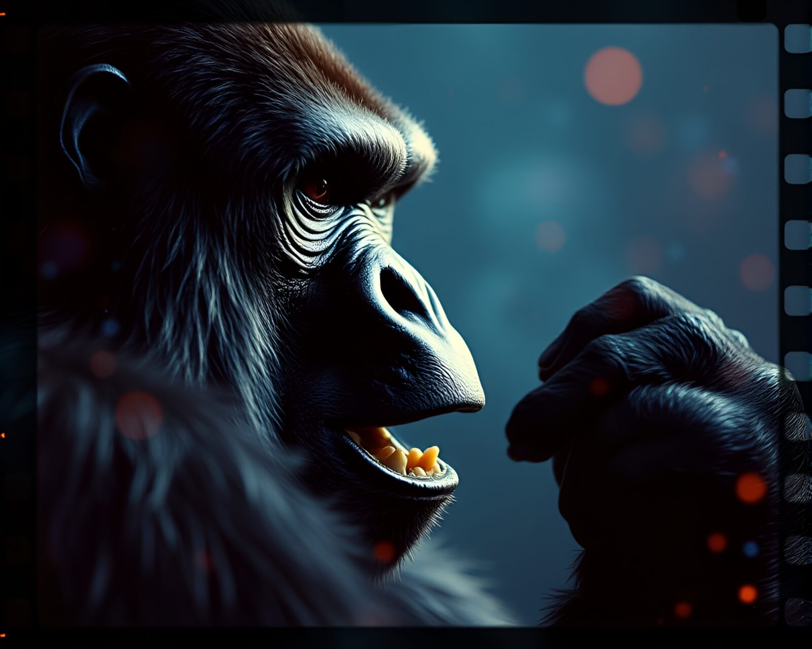 Vivid impasto gorilla amid film sprockets under topaz light