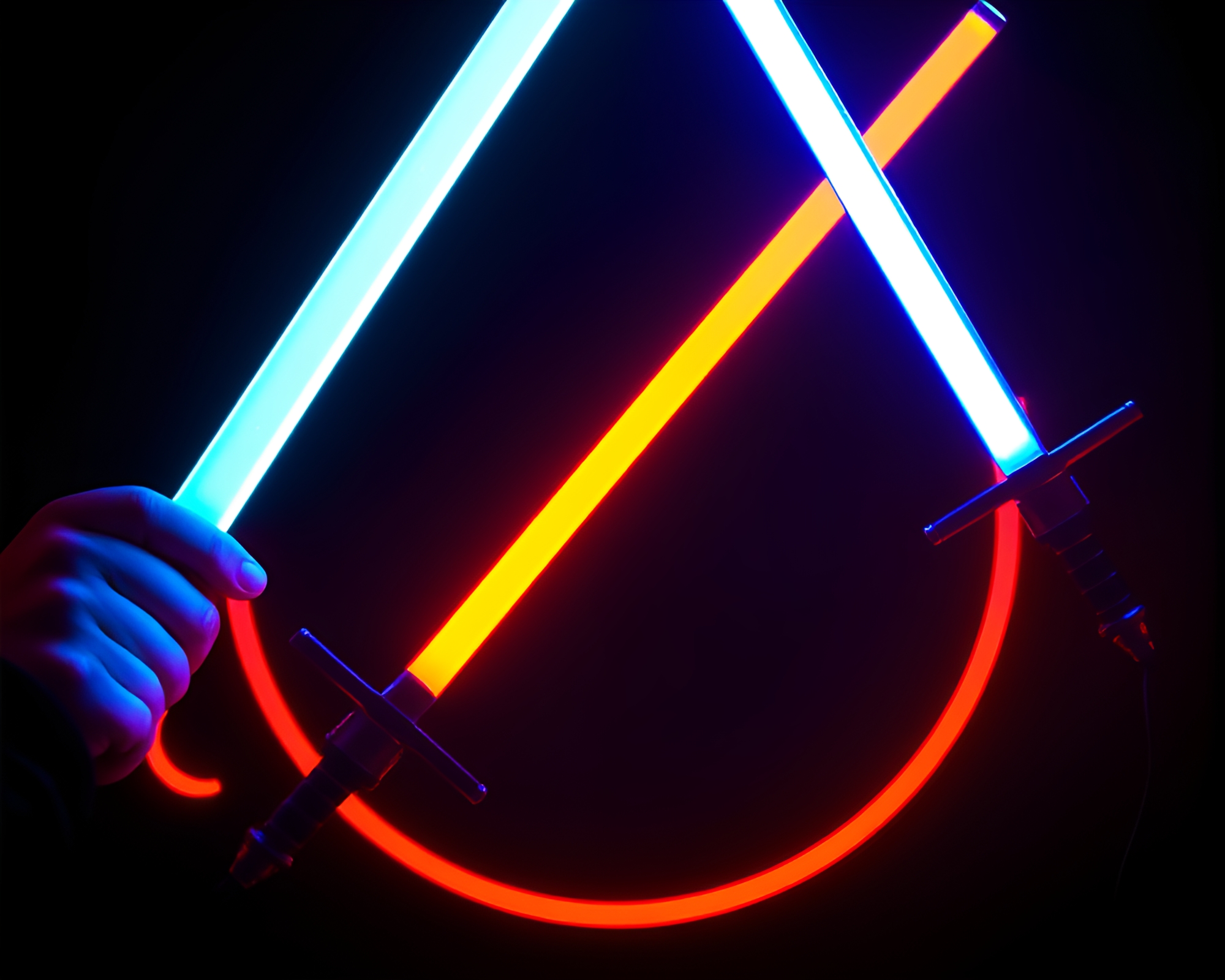 Sword Wielding Duotone LED Art Composition – free AI stock image