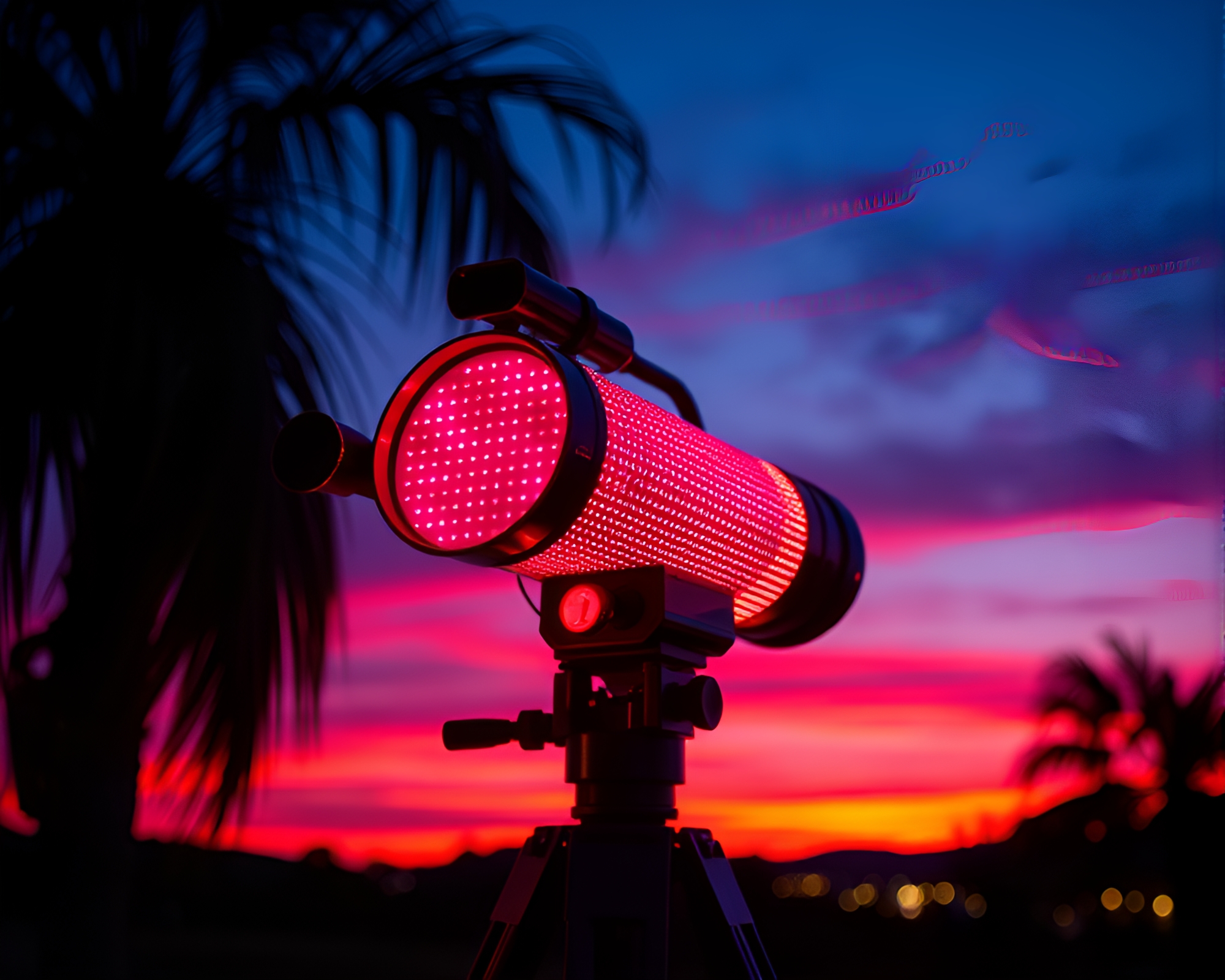 Vintage Telescope Sunset Neon Pixel Art Composition – free AI stock image