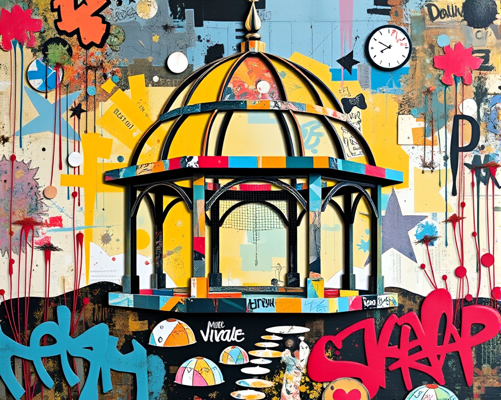 Colorful cutouts of pavilion floating in impasto graffiti style