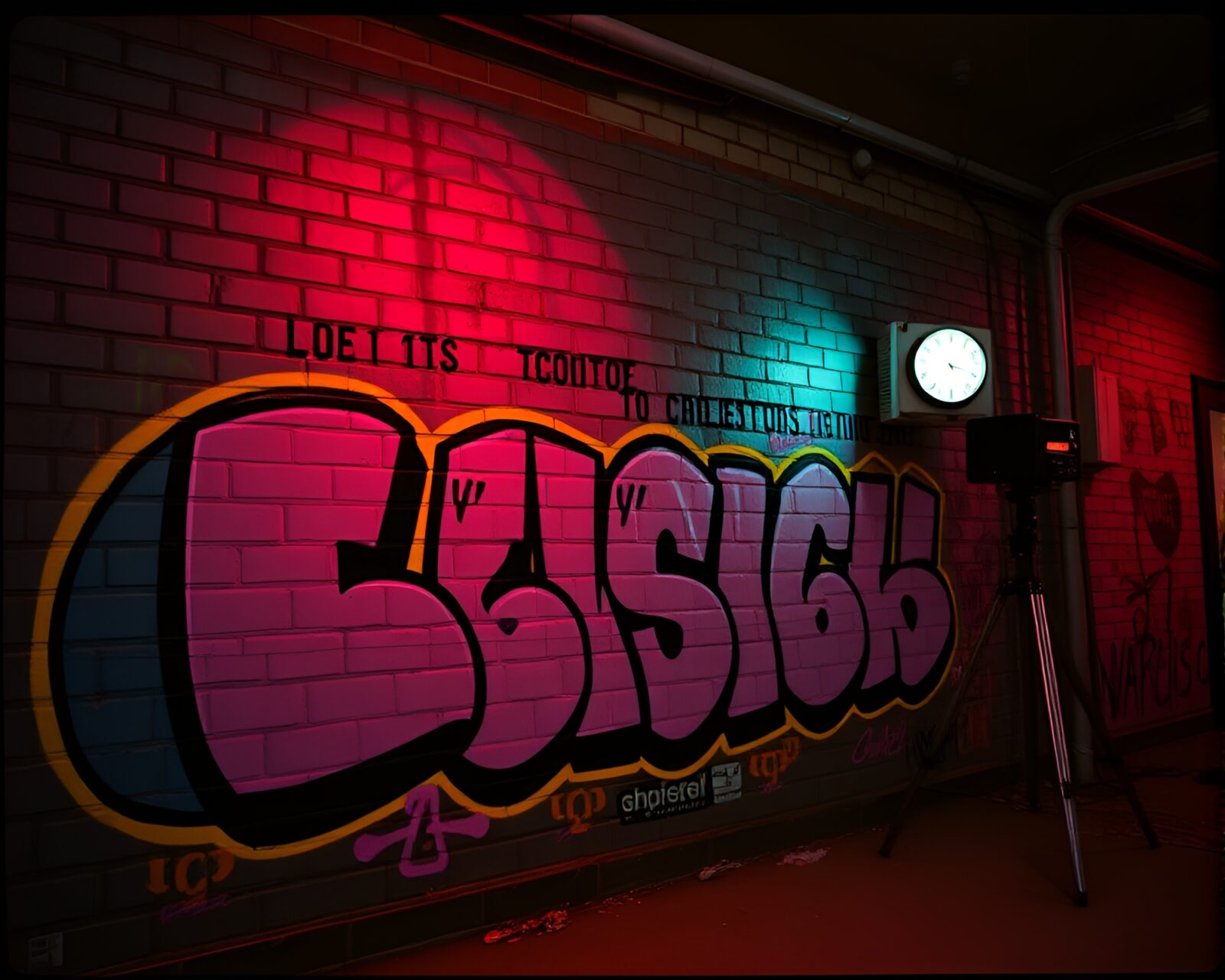 Gritty film style image of neon-lit Morse code graffiti