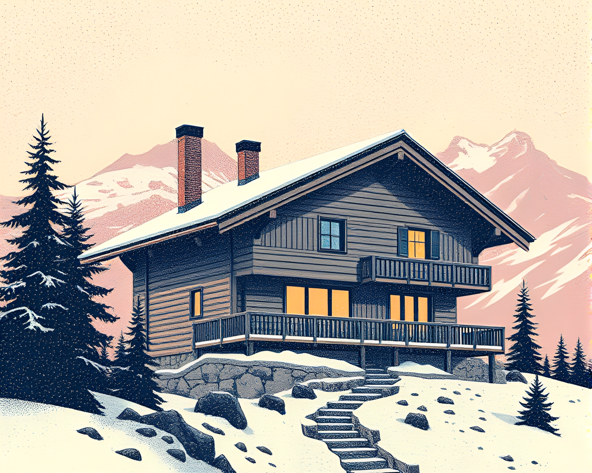 Futuristic Alpine Chalet Illustration with Stippling Compositions – free AI stock image