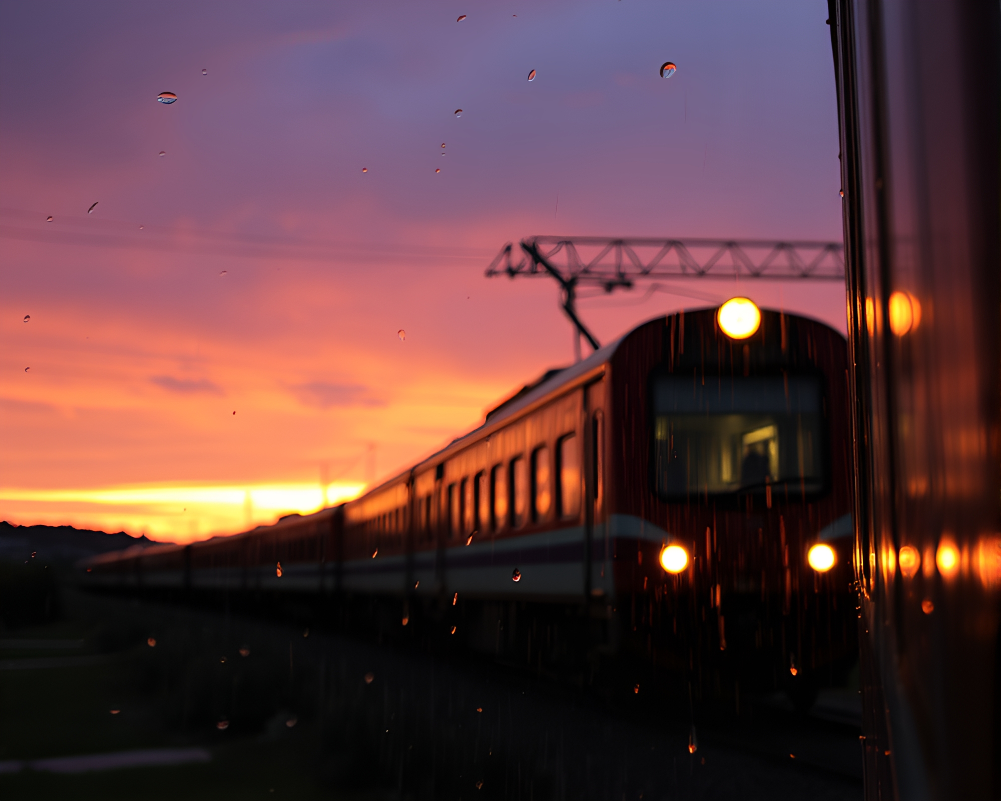 Neon Train in Golden Hour Rain Droplets – free AI stock image