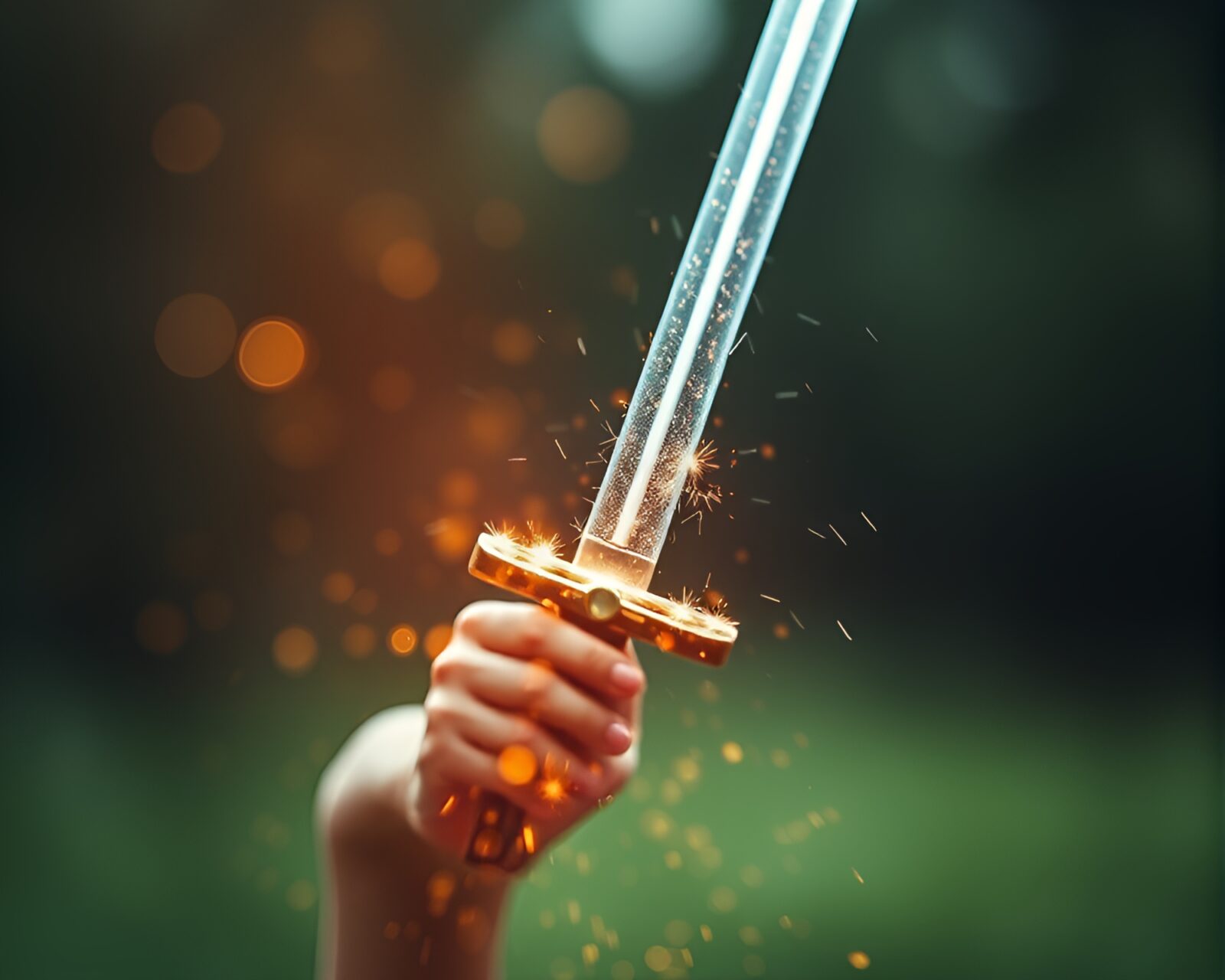 A mystical warrior holding glowing sword in tiny enchanting setting
